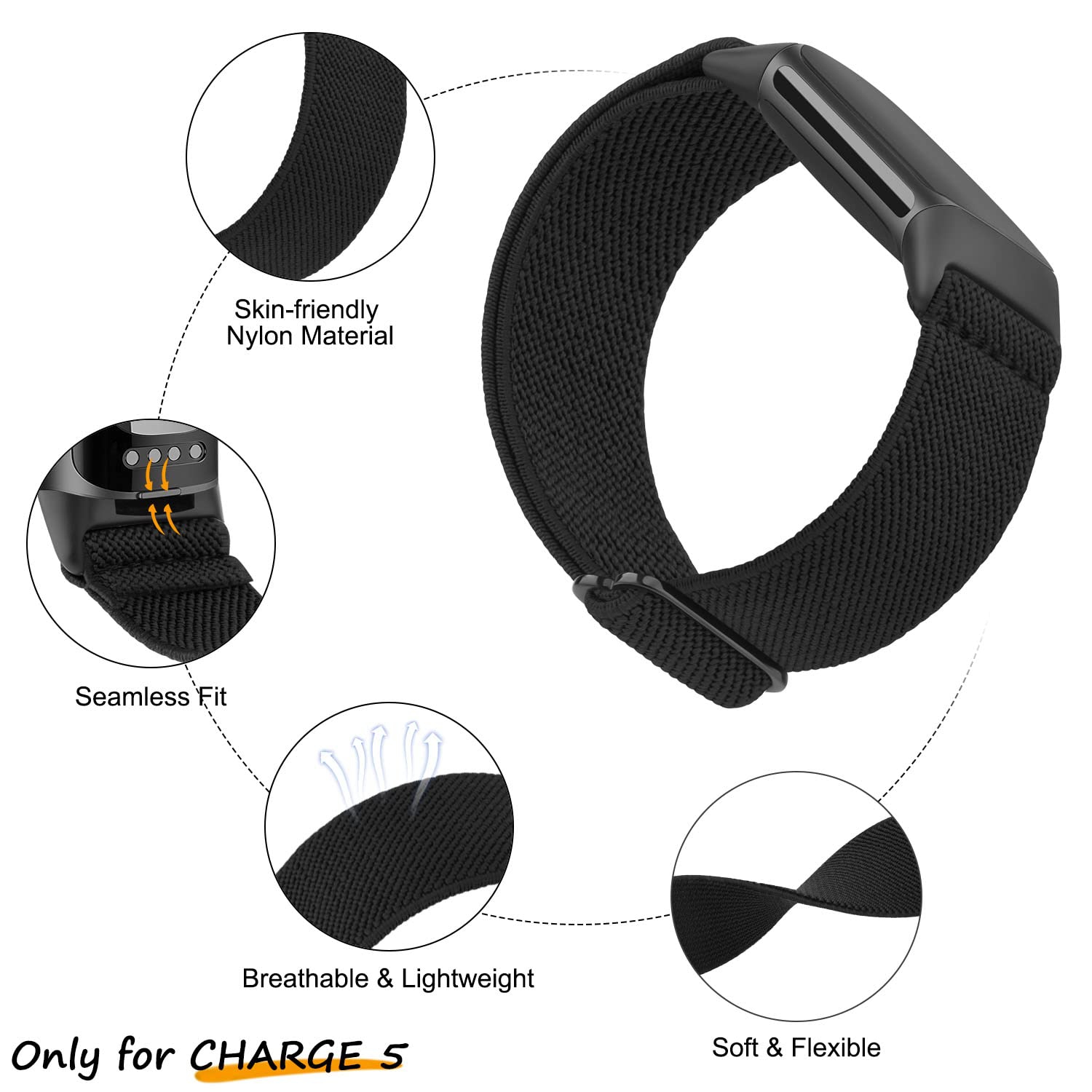 Adjustable Elastic Bands for Fitbit Charge 5 Bands Women Men, Soft Stretchy Nylon Wristband Strap Replacement for Fitbit Charge 5 Advanced Fitness