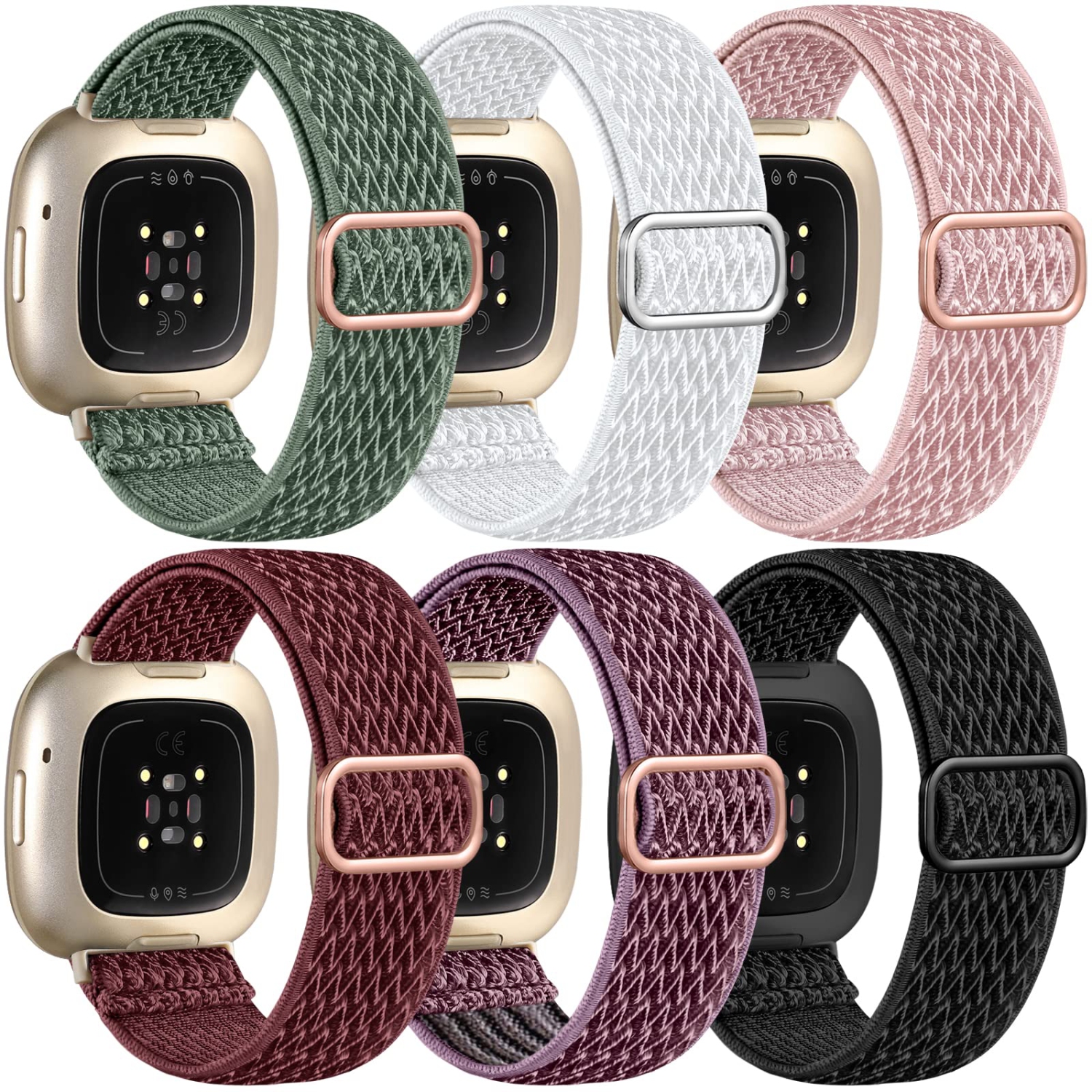 6 Pack Elastic Band Compatible with Fitbit Sense/Sense 2/Fitbit Versa 3/Versa 4 Bands Women Men, Adjustable Stretchy Nylon Solo Loop Replacement for