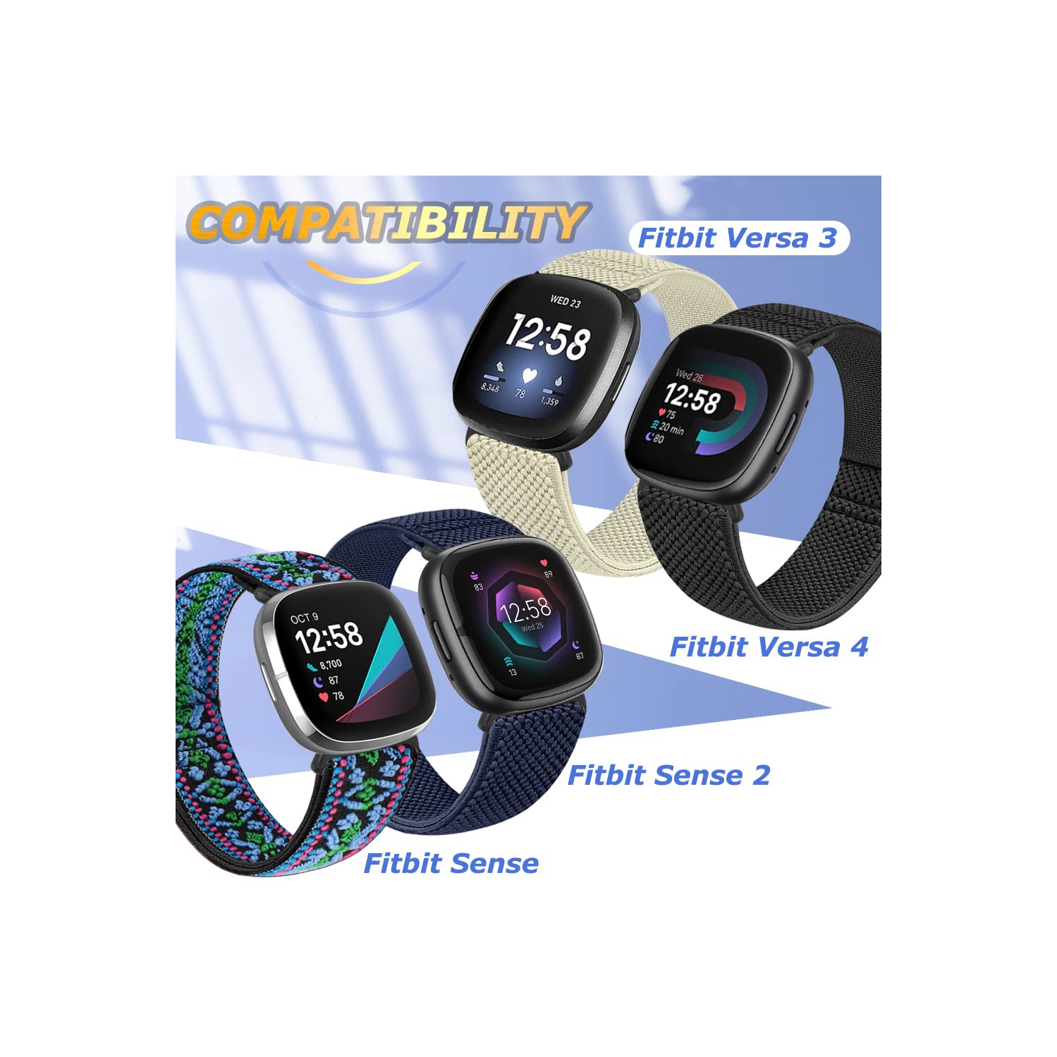 Bracelet élastique compatible avec les montres Versa 4, Sense 2, Versa 3, Sense de Fitbit, bracelet élastique nylon souple et accessoires de