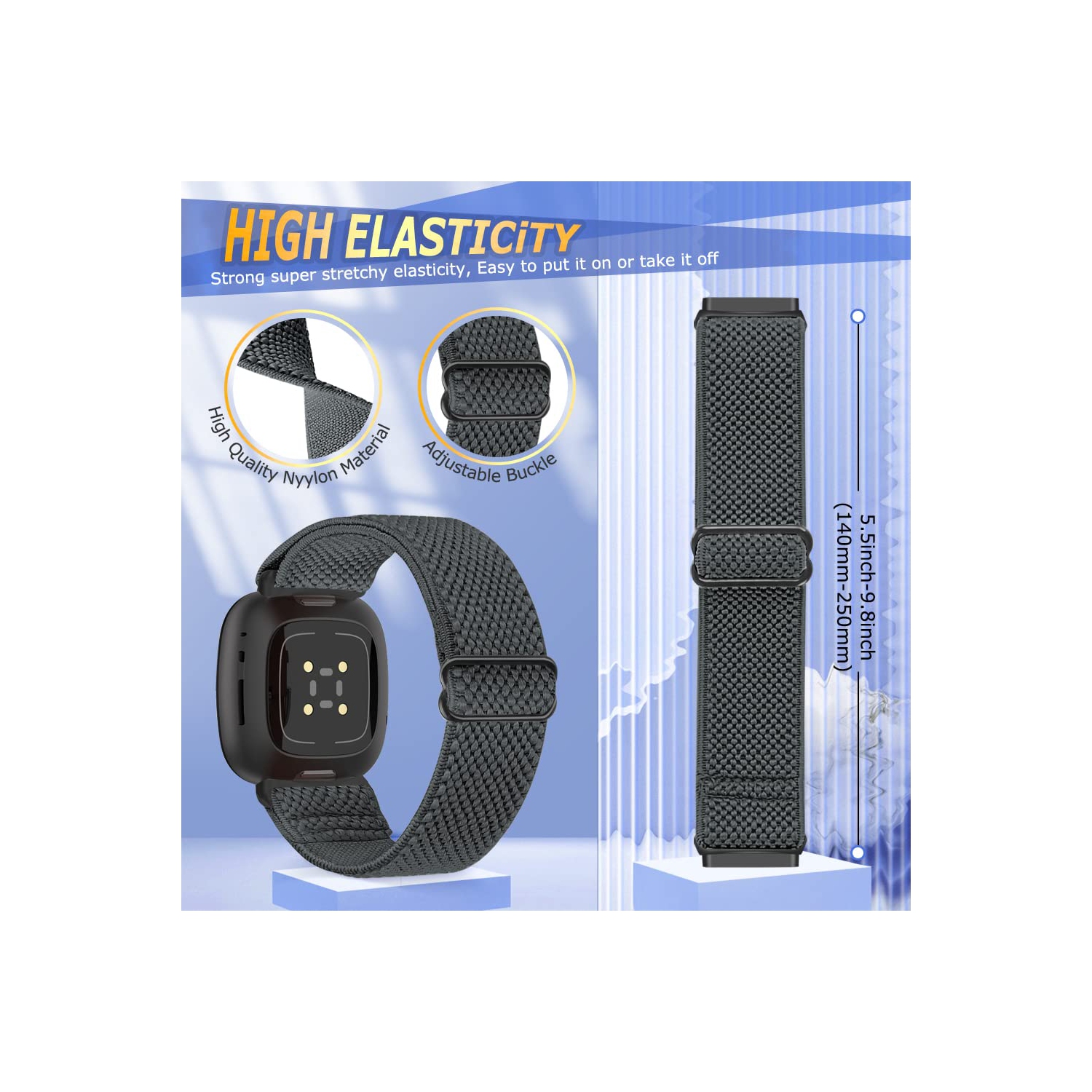 Bracelet élastique compatible avec les montres Versa 4, Sense 2, Versa 3, Sense de Fitbit, bracelet élastique nylon souple et accessoires de