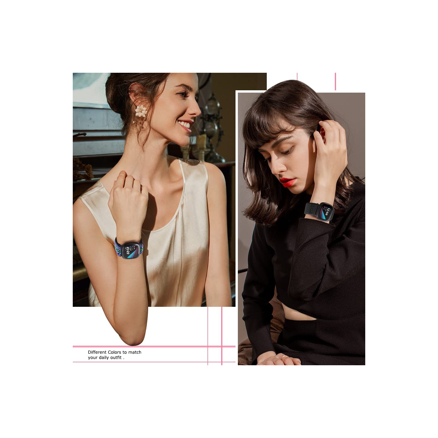 Bracelet élastique compatible avec les montres Versa 4, Sense 2, Versa 3, Sense de Fitbit, bracelet élastique nylon souple et accessoires de