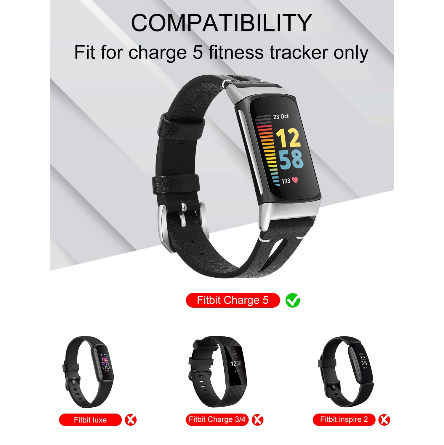 Fitbit Charge 5 Bands for Women Men, Slim Streamline Leather Band Wristbands Bracelet Accessories for Fitbit Charge 5 Straps, Black(Silver Buckle)