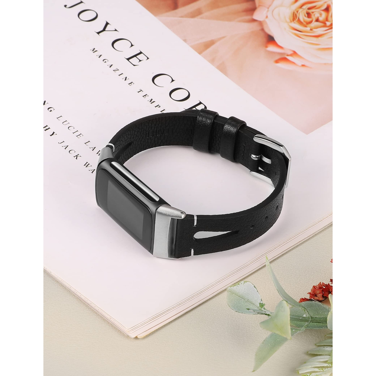 Fitbit Charge 5 Bands for Women Men, Slim Streamline Leather Band Wristbands Bracelet Accessories for Fitbit Charge 5 Straps, Black(Silver Buckle)