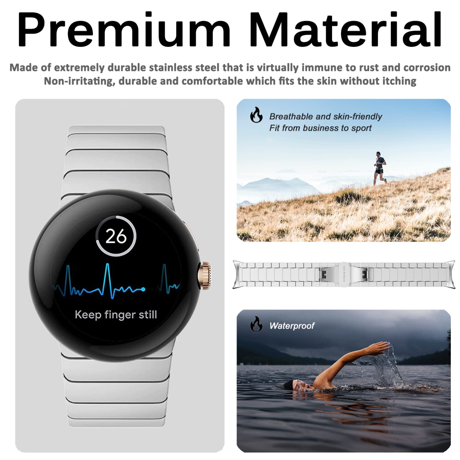 Miimall Compatible with Google Pixel Watch Band Men Women, Stainless Steel Metal with Butterfly Clasp Replacement Bracelet Strap for Google Pixel