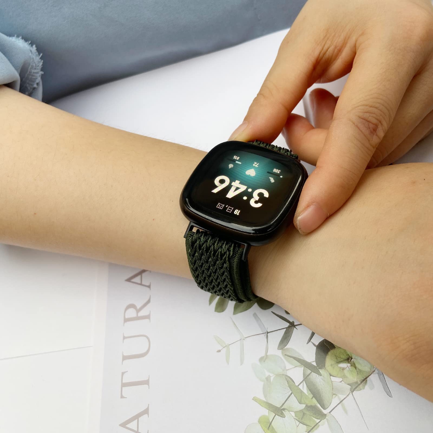 4 Pack Stretchy Bands Compatible with Fitbit Versa 3/Fitbit Versa 4/Fitbit Sense 2/Fitbit Sense Bands Women Men, Adjustable Elastic Soft Loop Nylon