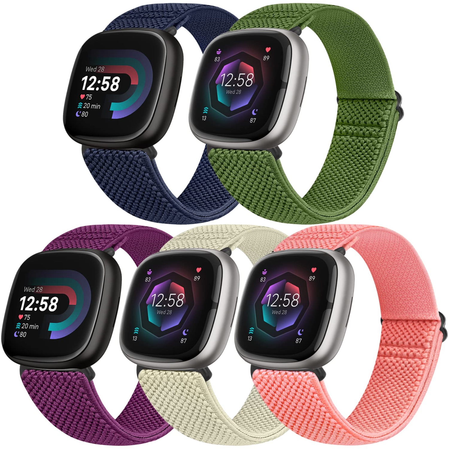 Bracelet élastique de Runohlich compatible avec les montres Versa 4/Sense 2/Fitbit Versa 3/Sense, bracelet élastique en nylon doux et accessoires de