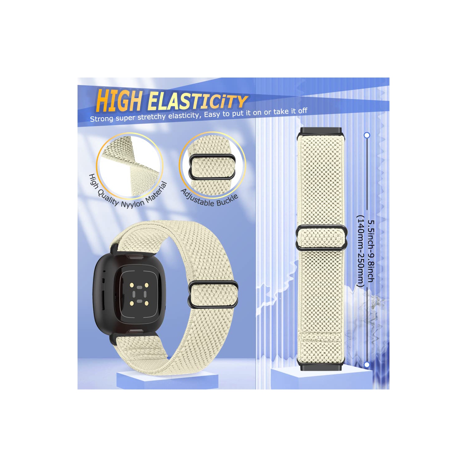 Bracelet élastique de Runohlich compatible avec les montres Versa 4/Sense 2/Fitbit Versa 3/Sense, bracelet élastique en nylon doux et accessoires de
