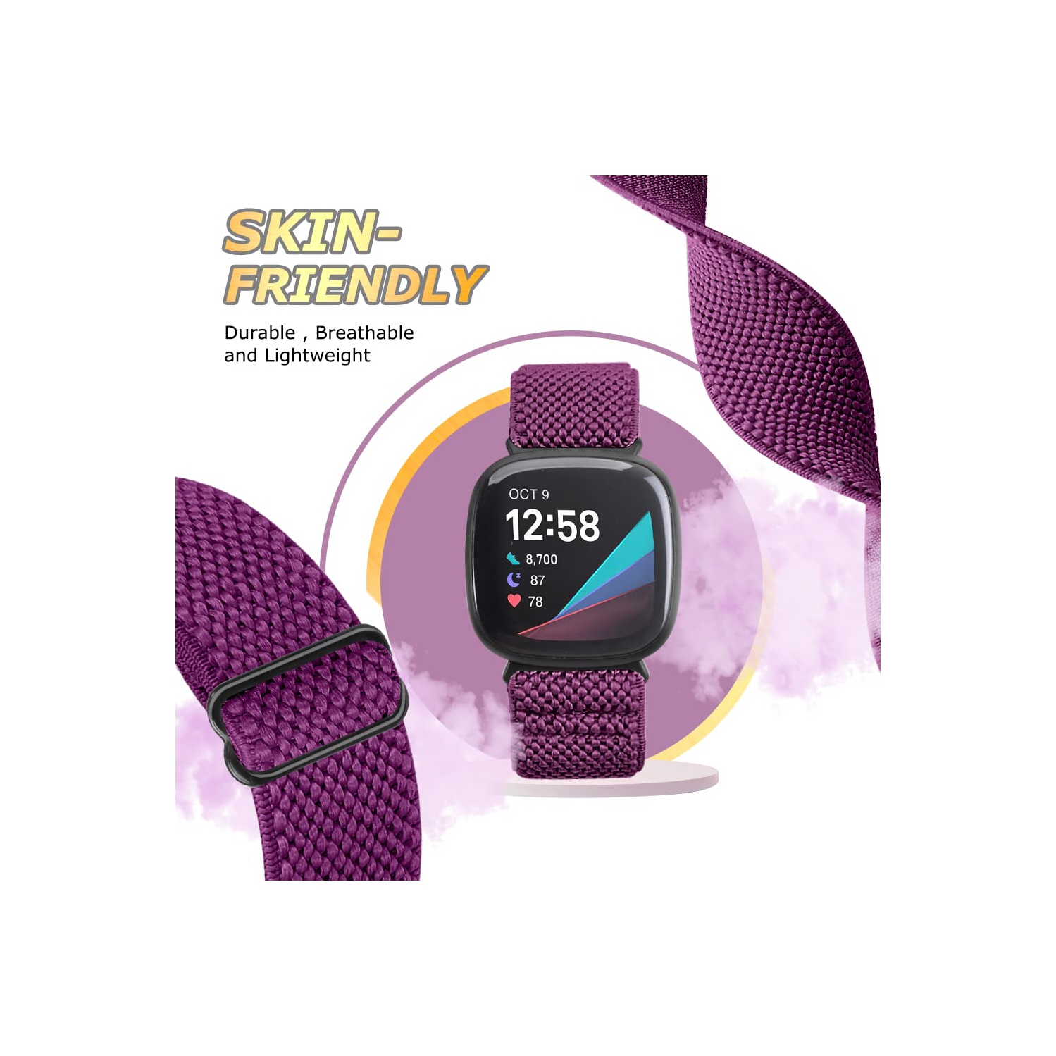 Bracelet élastique de Runohlich compatible avec les montres Versa 4/Sense 2/Fitbit Versa 3/Sense, bracelet élastique en nylon doux et accessoires de