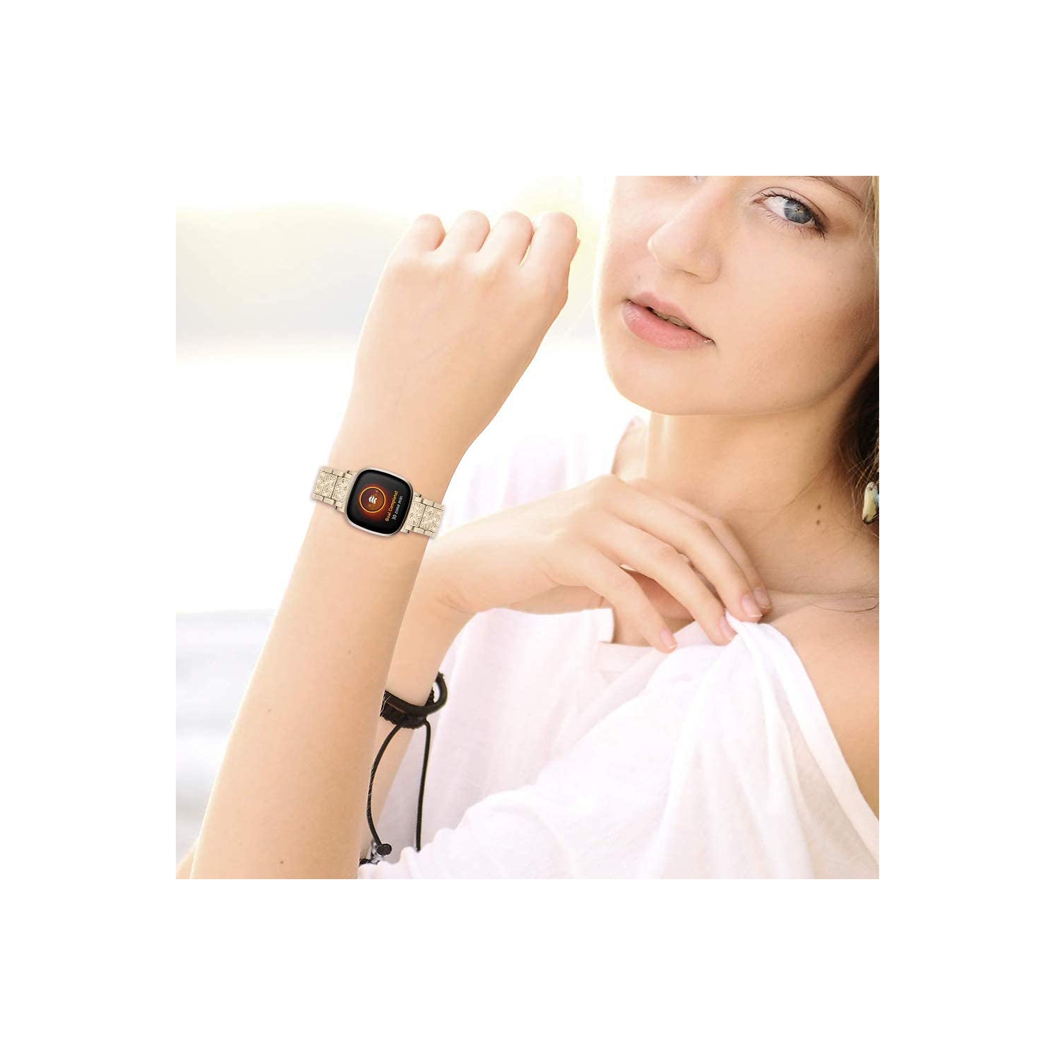 Fitbit Versa 4 / Versa 3 / Sense 2 / Sense Metal Bands for Women Girl, Diamond Jewelry Stainless Steel Wristband Adjustable Bracelet Crystal Strap