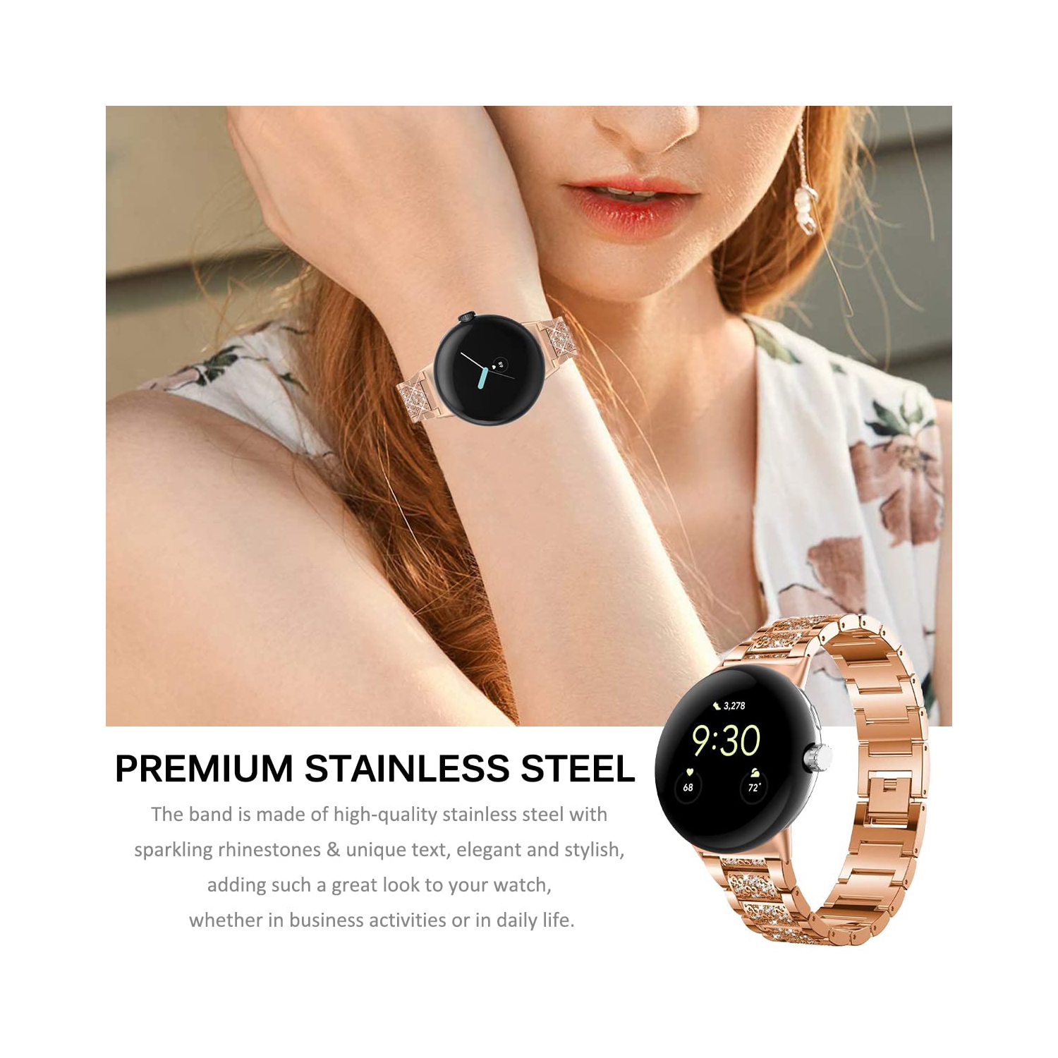 Miimall Compatible with Google Pixel Watch Band, Bling Diamond Rhinestone Stainless Steel Metal Replacement Strap Wristband for Google Pixel Watch