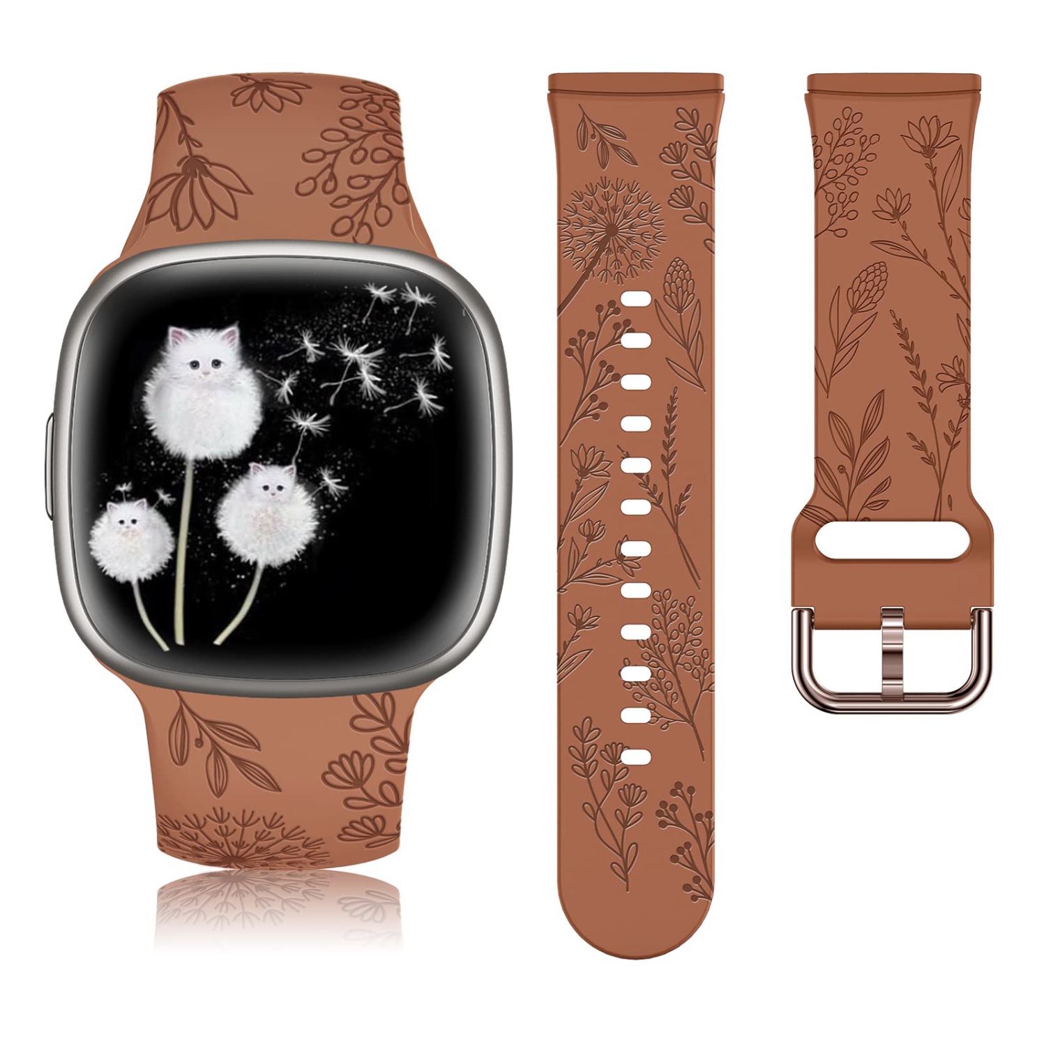 Floral Engraved Bracelet Compatible with Fitbit Sense Bands/Sense 2 Band/Versa 3 Band/Versa 4 Band for Women Men Soft Silicone Dandelion Wildflower