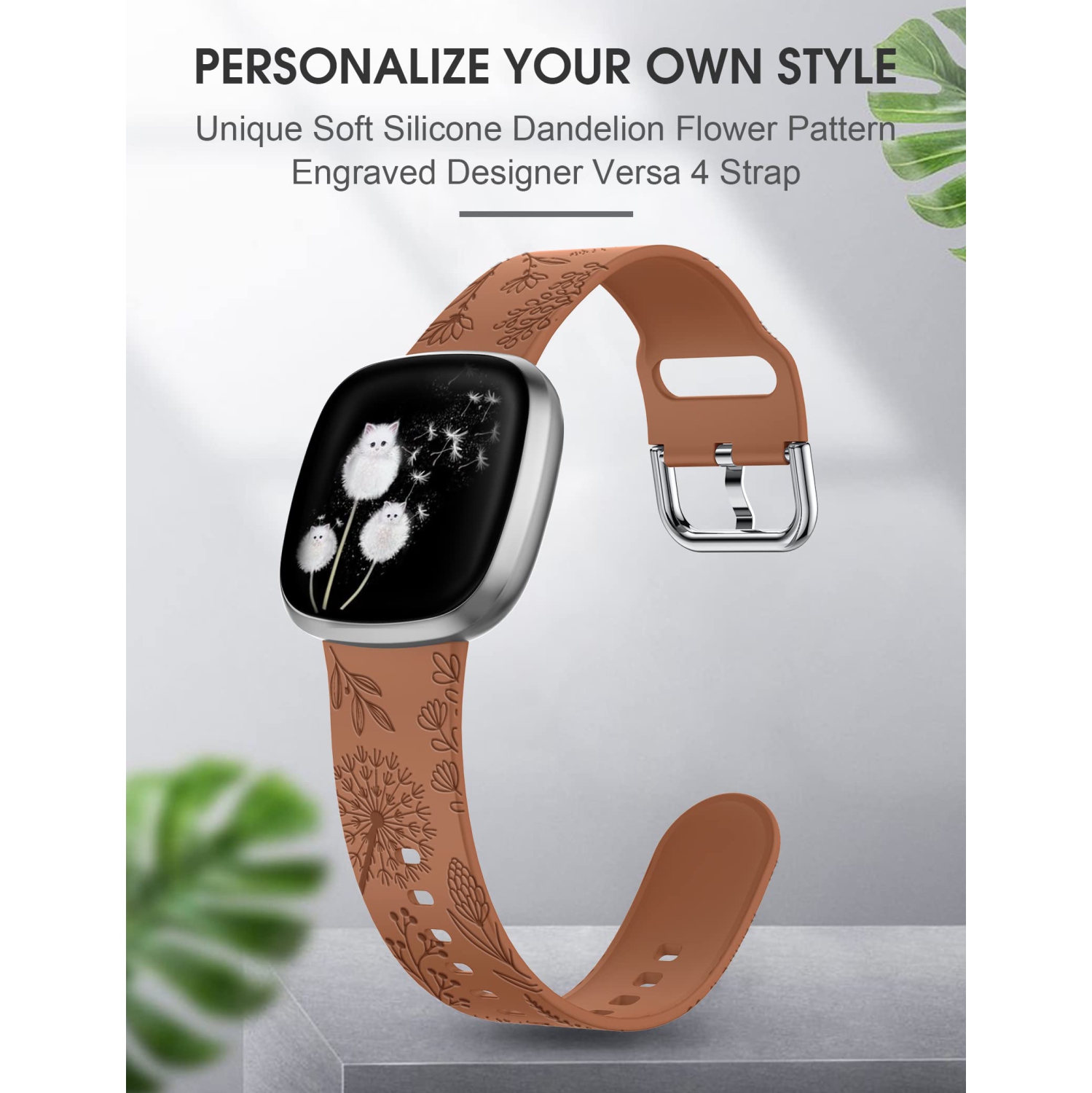 Floral Engraved Bracelet Compatible with Fitbit Sense Bands/Sense 2 Band/Versa 3 Band/Versa 4 Band for Women Men Soft Silicone Dandelion Wildflower