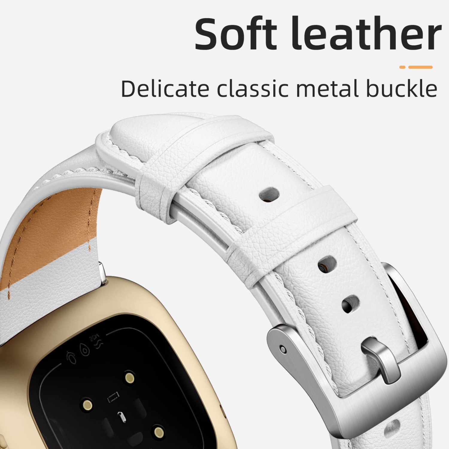 Leather Band Compatible for Fitbit Versa 3 / Fitbit Sense/Fitbit Sense 2 / Fitbit Versa 4 Bands Women Men, Elegant Replacement Wristband for Fitbit