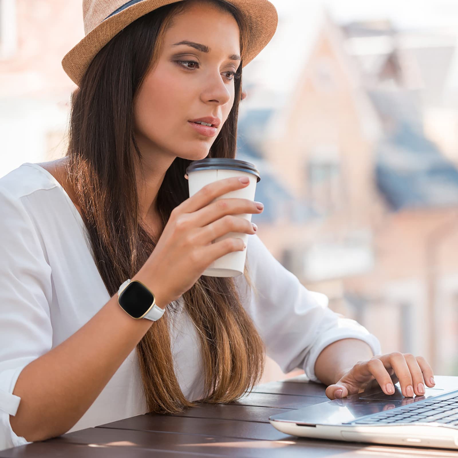 Leather Band Compatible for Fitbit Versa 3 / Fitbit Sense/Fitbit Sense 2 / Fitbit Versa 4 Bands Women Men, Elegant Replacement Wristband for Fitbit