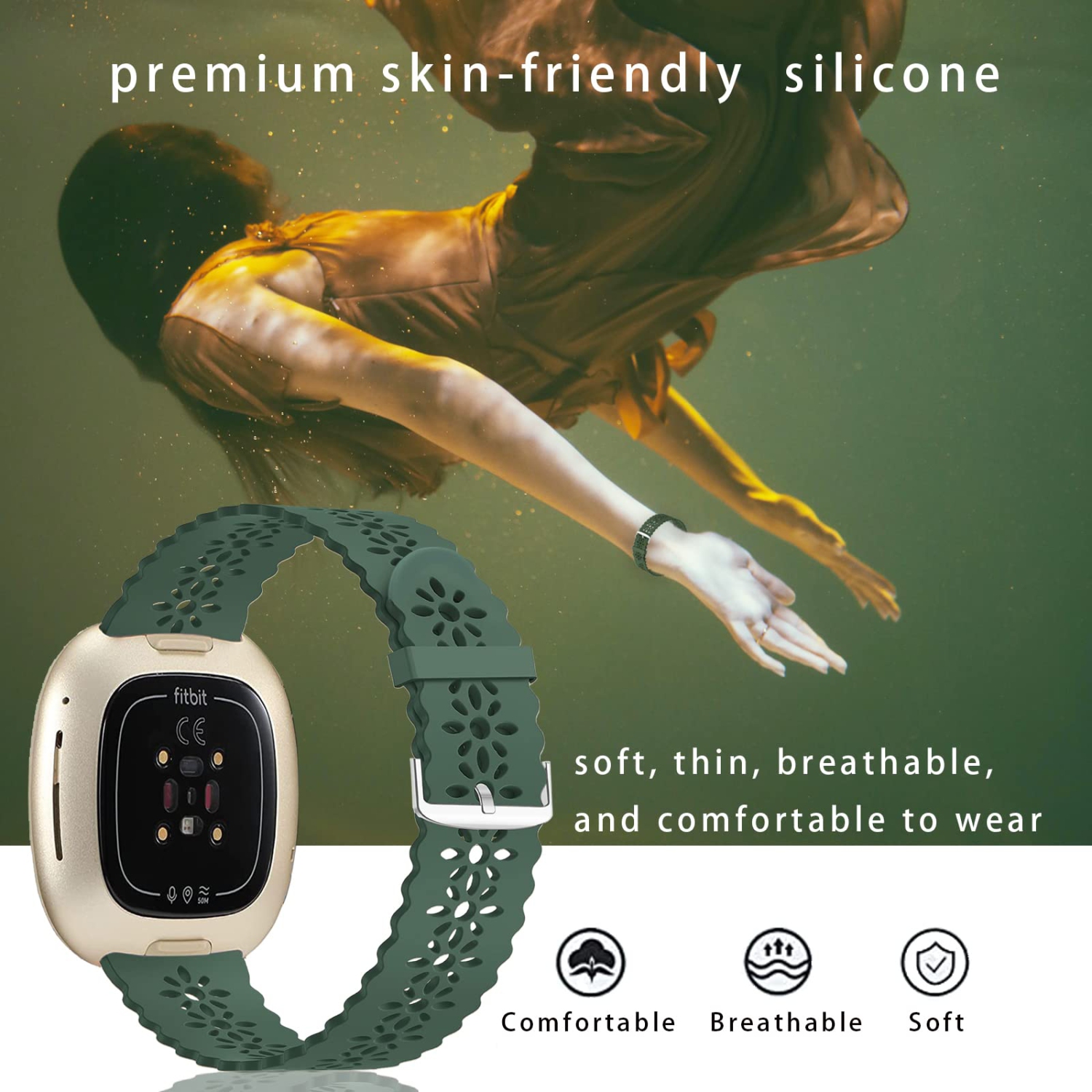 Bracelet en silicone lacé compatible avec les bracelets Versa 3/Versa 4 de Fitbit, hommes, remplacement int. Mince perméable à l’air. Sport, pour
