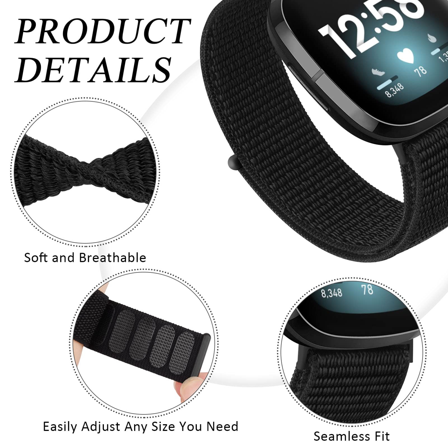 Bracelets ajustables en nylon compatibles Fitbit Versa 3/Versa 4/Fitbit Sense/Sense 2 pour femmes, bracelets sport doux et respirant