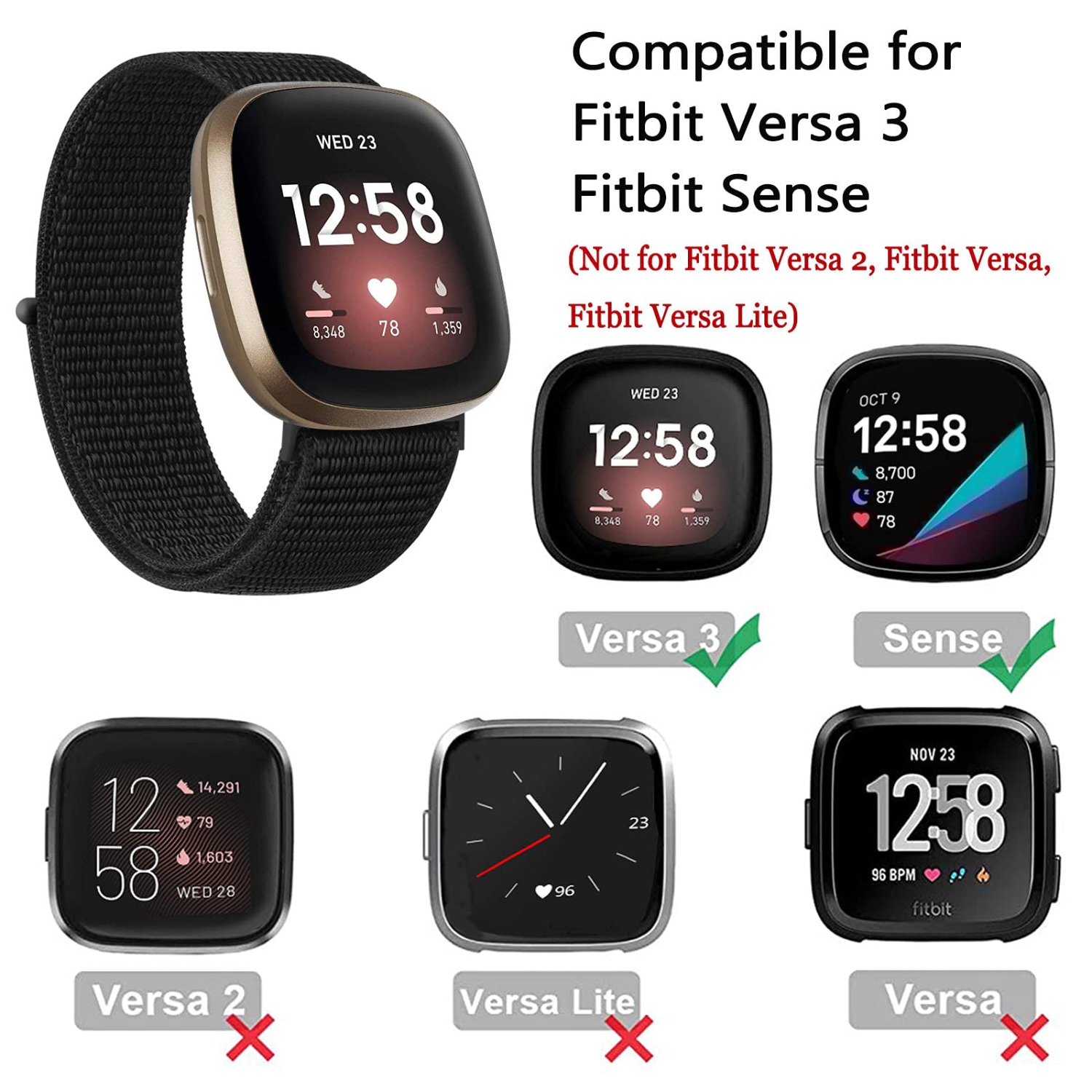 Bracelets ajustables en nylon compatibles Fitbit Versa 3/Versa 4/Fitbit Sense/Sense 2 pour femmes, bracelets sport doux et respirant