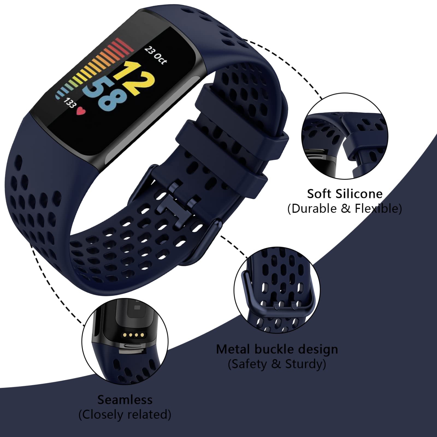 Fitbit charge 5, bracelets ajustables et doux en silicone respirant bracelet sport pour montre charge 5 moniteur d’activité femme homme