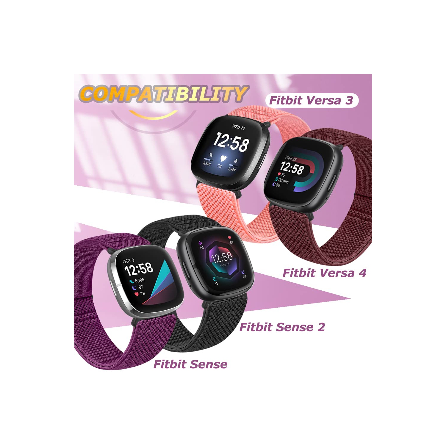 Bracelets élastiques ajustables Enkic compatibles avec les montres Versa 4/Versa 3/Sense 2/Sense 2 de Fitbit/Sense de Fitbit pour hommes, lot de 6