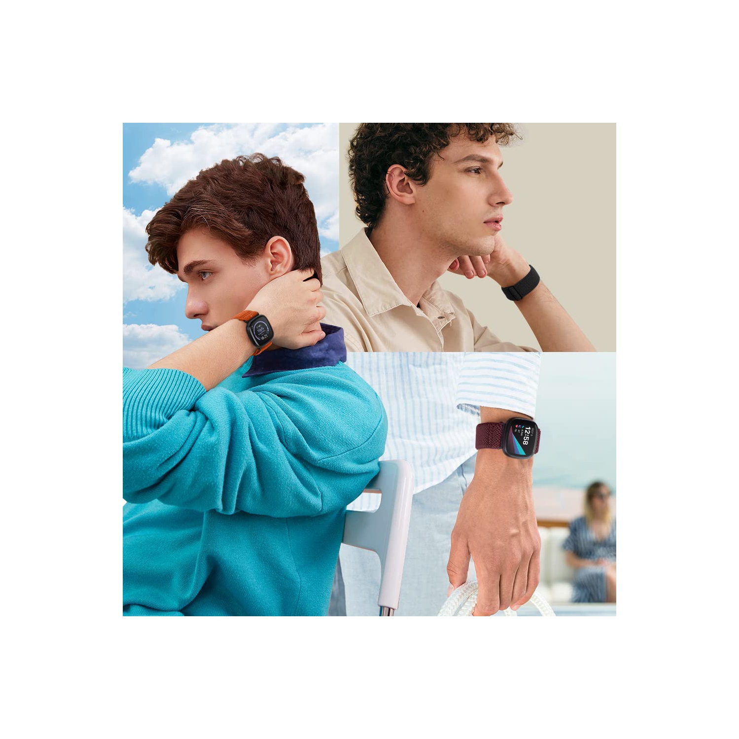 Bracelets élastiques ajustables Enkic compatibles avec les montres Versa 4/Versa 3/Sense 2/Sense 2 de Fitbit/Sense de Fitbit pour hommes, lot de 6