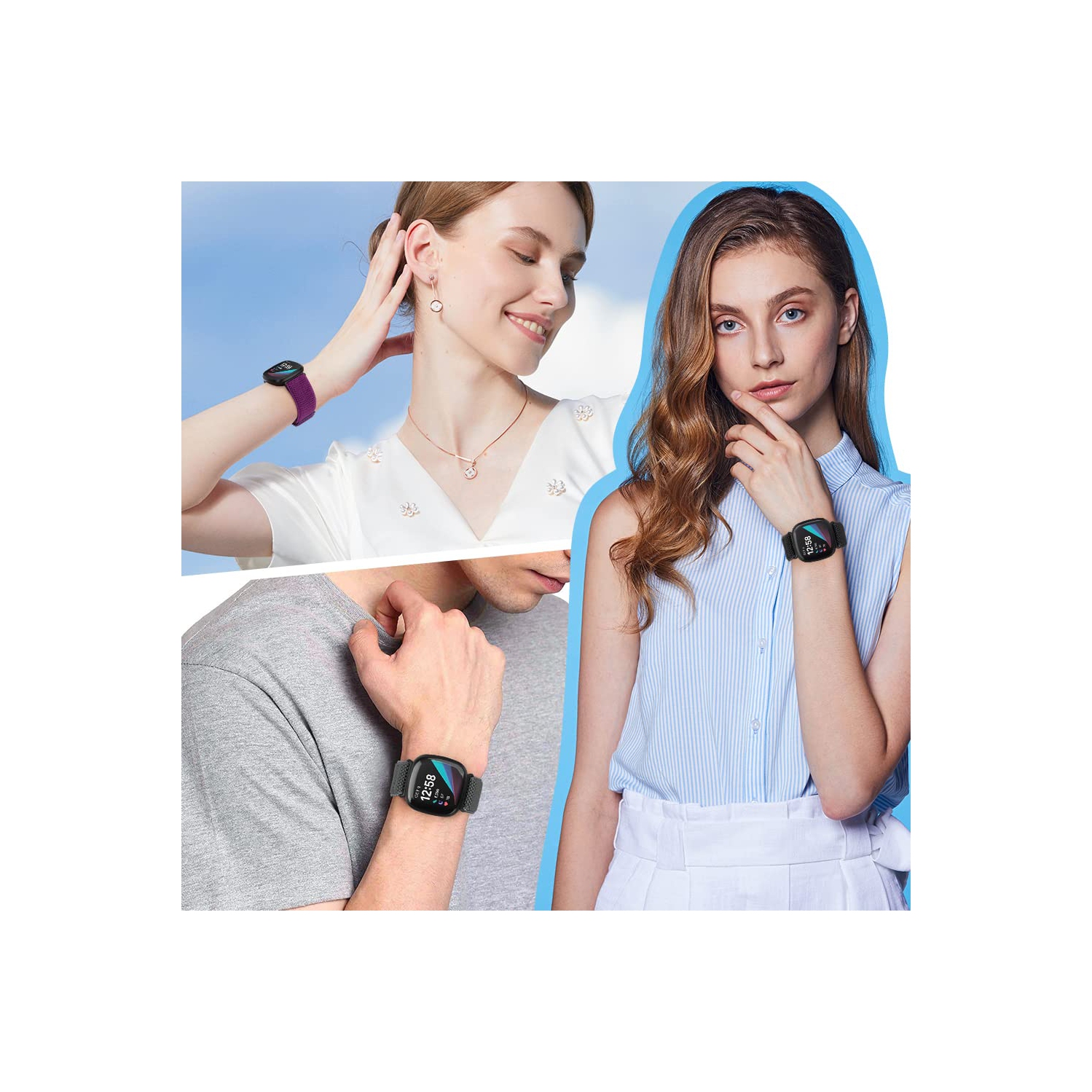 Bracelets élastiques ajustables Enkic compatibles avec les montres Versa 4/Versa 3/Sense 2/Sense 2 de Fitbit/Sense de Fitbit pour hommes, lot de 6