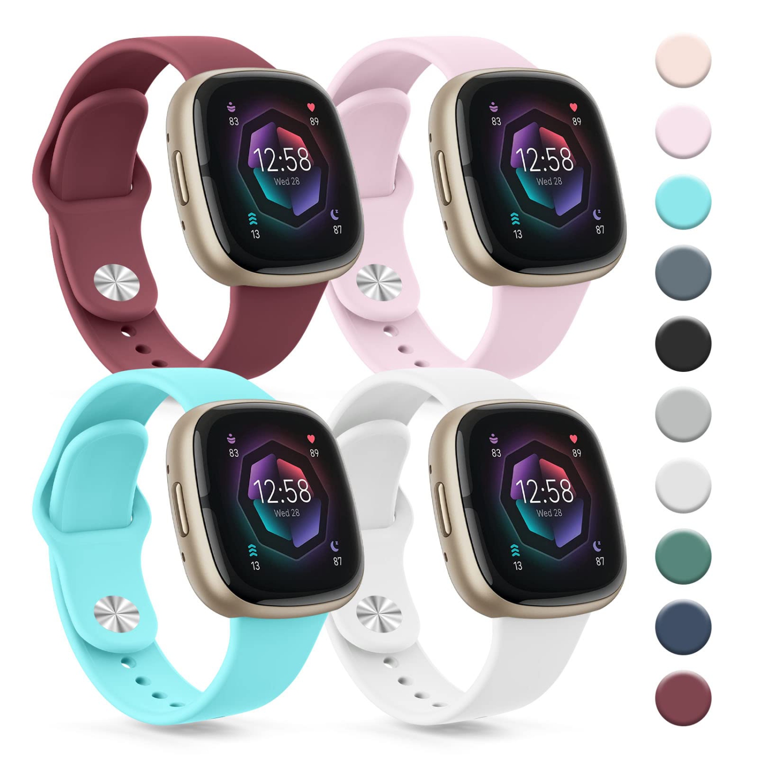 4 bracelets en silicone compatibles avec les bracelets Versa 4 et Sense 2 de Fitbit pour femmes, bracelets souples de rechange pour Versa 3 et Versa
