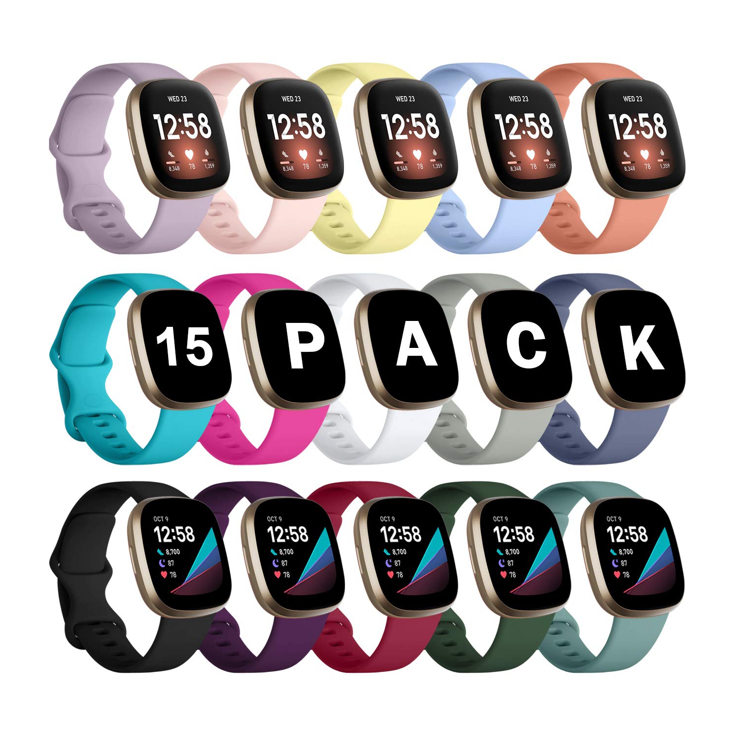 Fitbit Versa 3/Versa 4 Bands for Women Men, 15 Pack Sport Band for Fitbit Sense/Sense 2 Bands for Women Men, Classic Soft Flexible Replacement Strap for Fitbit Versa 3 Bands Small