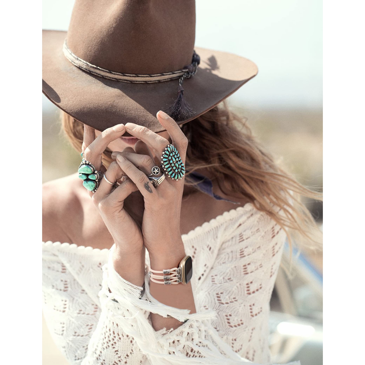 Handmade Boho Strap Compatible with Fitbit Sense Bands/Sense 2/Versa 3/Versa 4 Bands Women, Elastic Nylon Wristbands Stylish Solo Loop Bracelet for