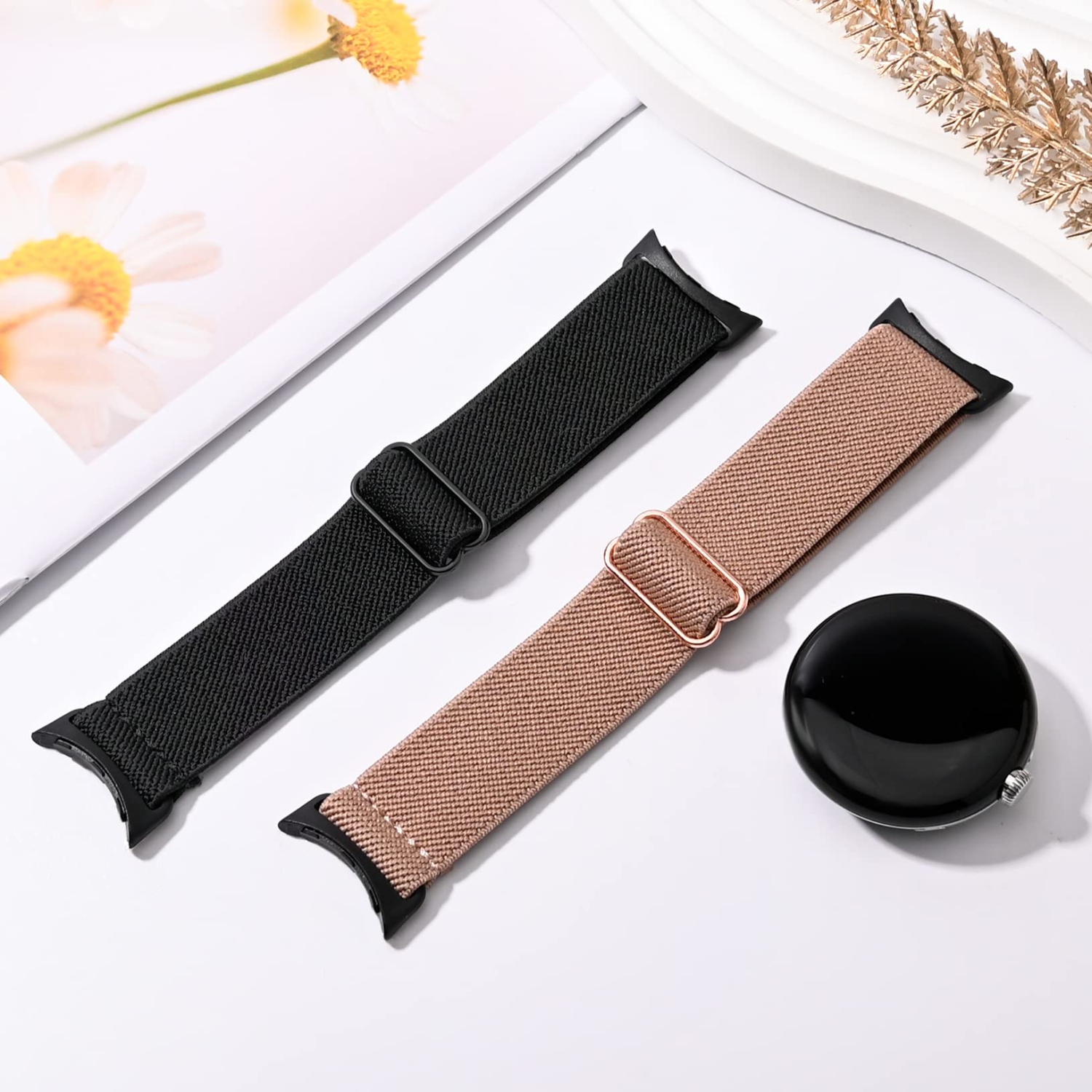 2 Pack Stretchy Nylon Compatible with Google Pixel Watch Band for Women Men, Elastic Soft Braided Sport Bands Accessories Strap Replacement for