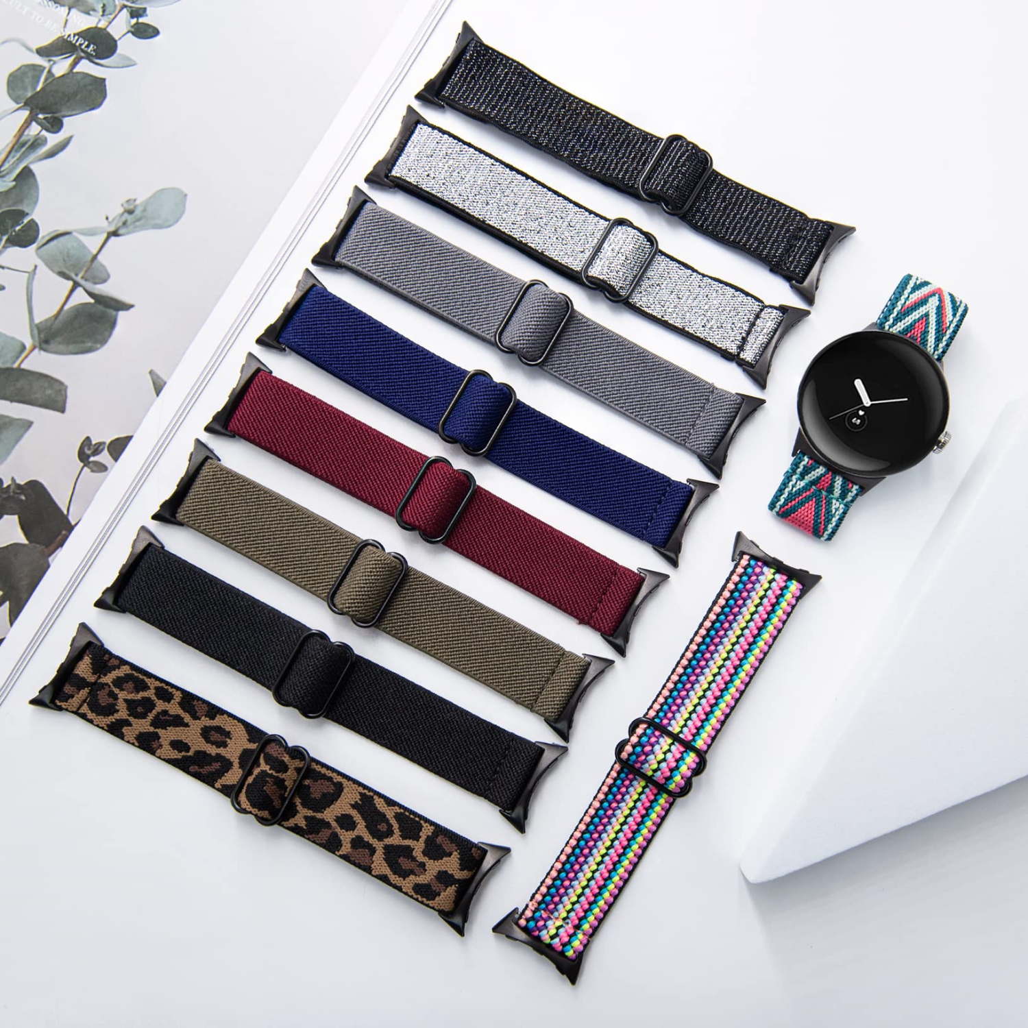 2 Pack Stretchy Nylon Compatible with Google Pixel Watch Band for Women Men, Elastic Soft Braided Sport Bands Accessories Strap Replacement for