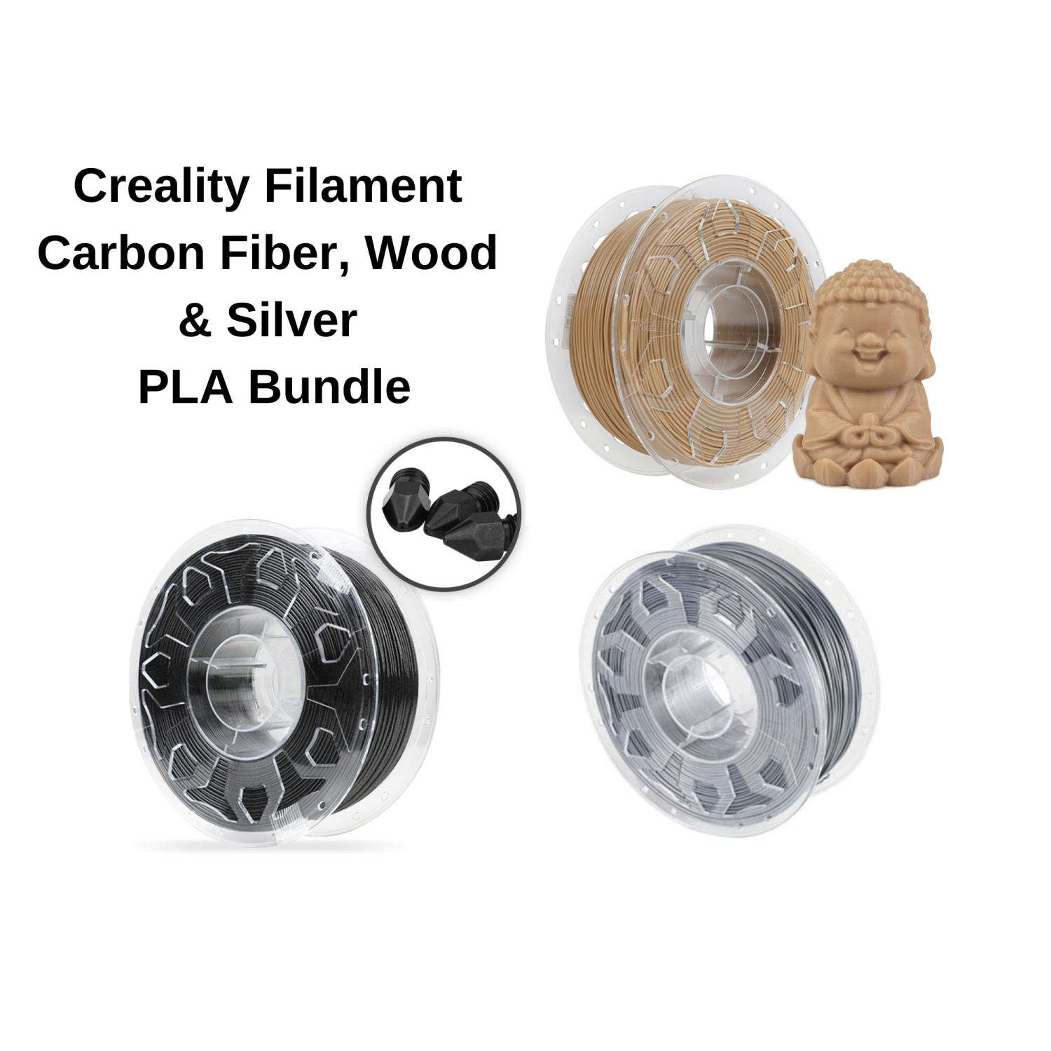Creality CR-PLA 3D Printer Filament Bundle 1.75 mm, 1 kg per Spool- Carbon Fiber, Wood, Silver
