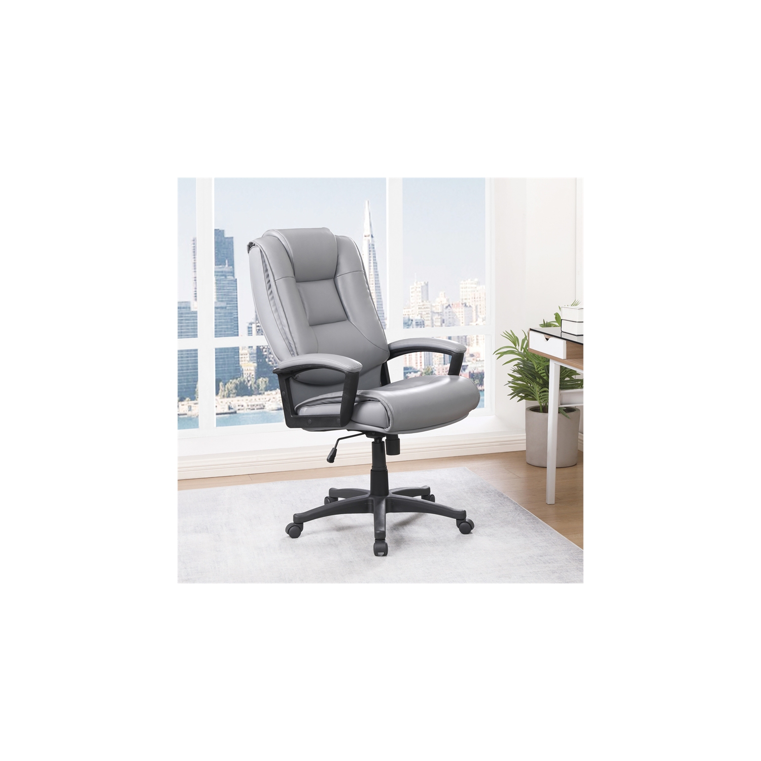 Fauteuil en cuir reconstitué anthracite à dossier haut avec accoudoirs rembourrés en boucle