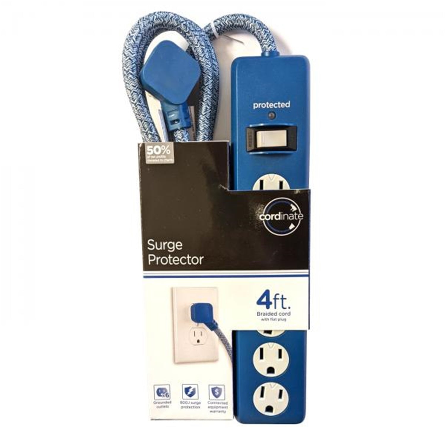 Jasco - 6 Outlet Surge Protector, 800 Joules, 4ft Braided Cable, Blue
