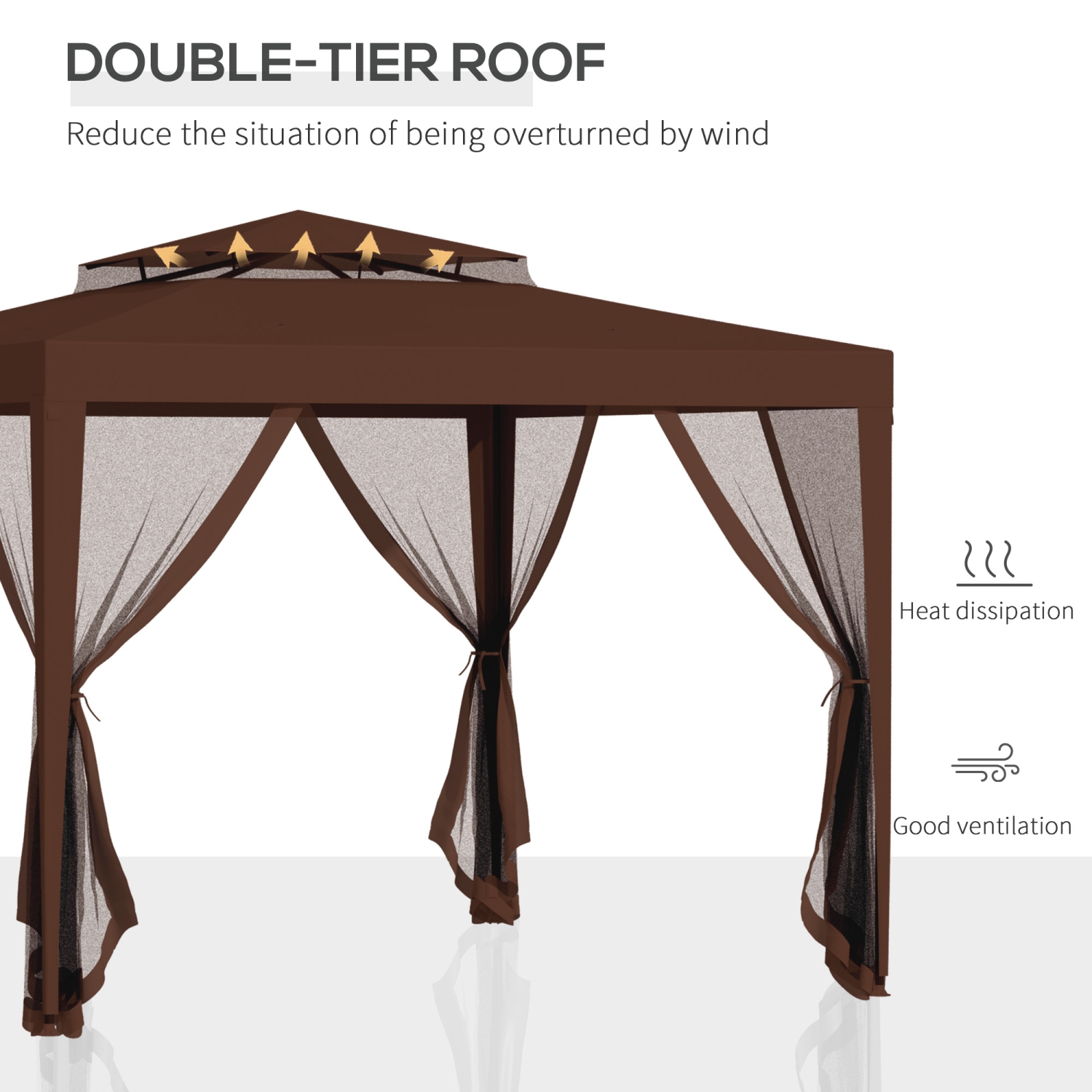 Outsunny Tente d'auvent 10' x 10', tente partielle avec filet en maille et toit à deux niveaux pour jardin, terrasse, extérieur, marron