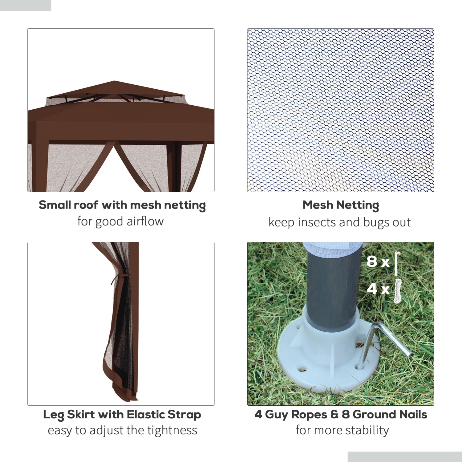 Outsunny Tente d'auvent 10' x 10', tente partielle avec filet en maille et toit à deux niveaux pour jardin, terrasse, extérieur, marron