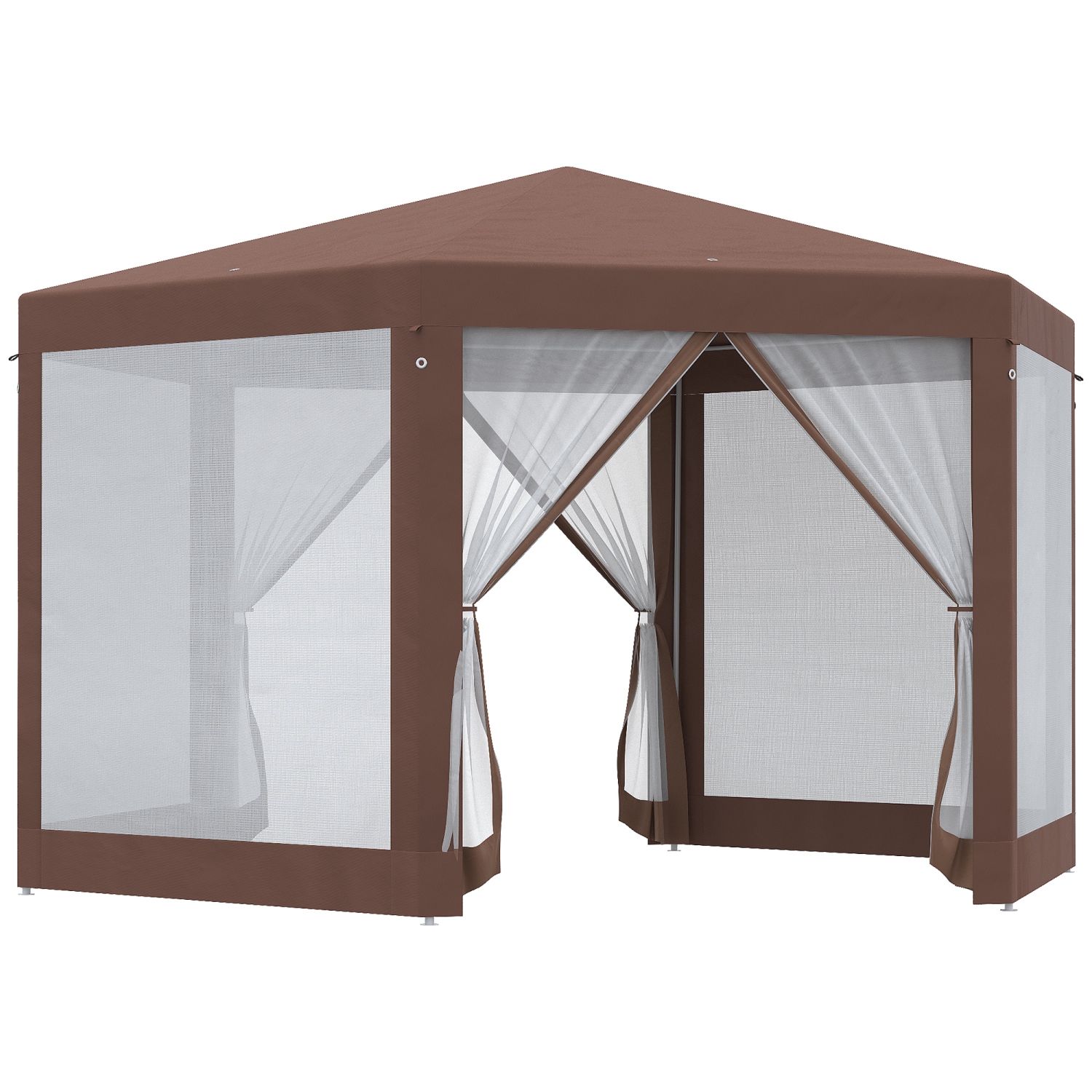 Outsunny 13' x 11' Hexagonal Party Tent, Canopy Tent with Nettings, Zipped Doors for Garden, Patio, Outdoor, Brown