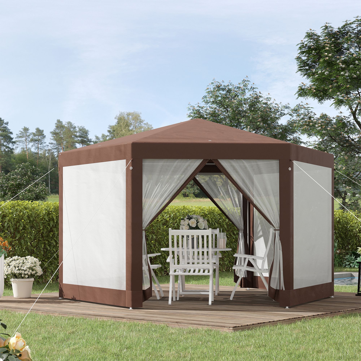 Outsunny 13' x 11' Hexagonal Party Tent, Canopy Tent with Nettings, Zipped Doors for Garden, Patio, Outdoor, Brown