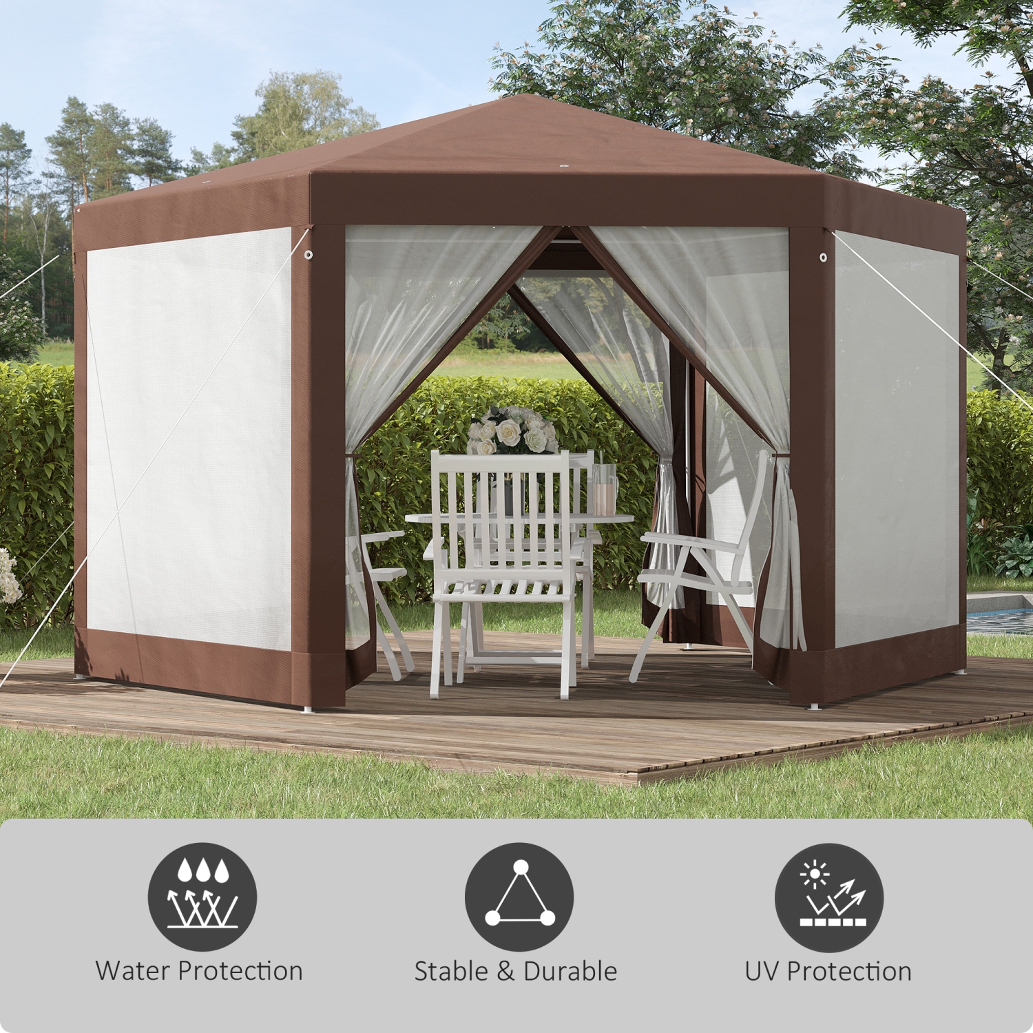 Outsunny 13' x 11' Hexagonal Party Tent, Canopy Tent with Nettings, Zipped Doors for Garden, Patio, Outdoor, Brown