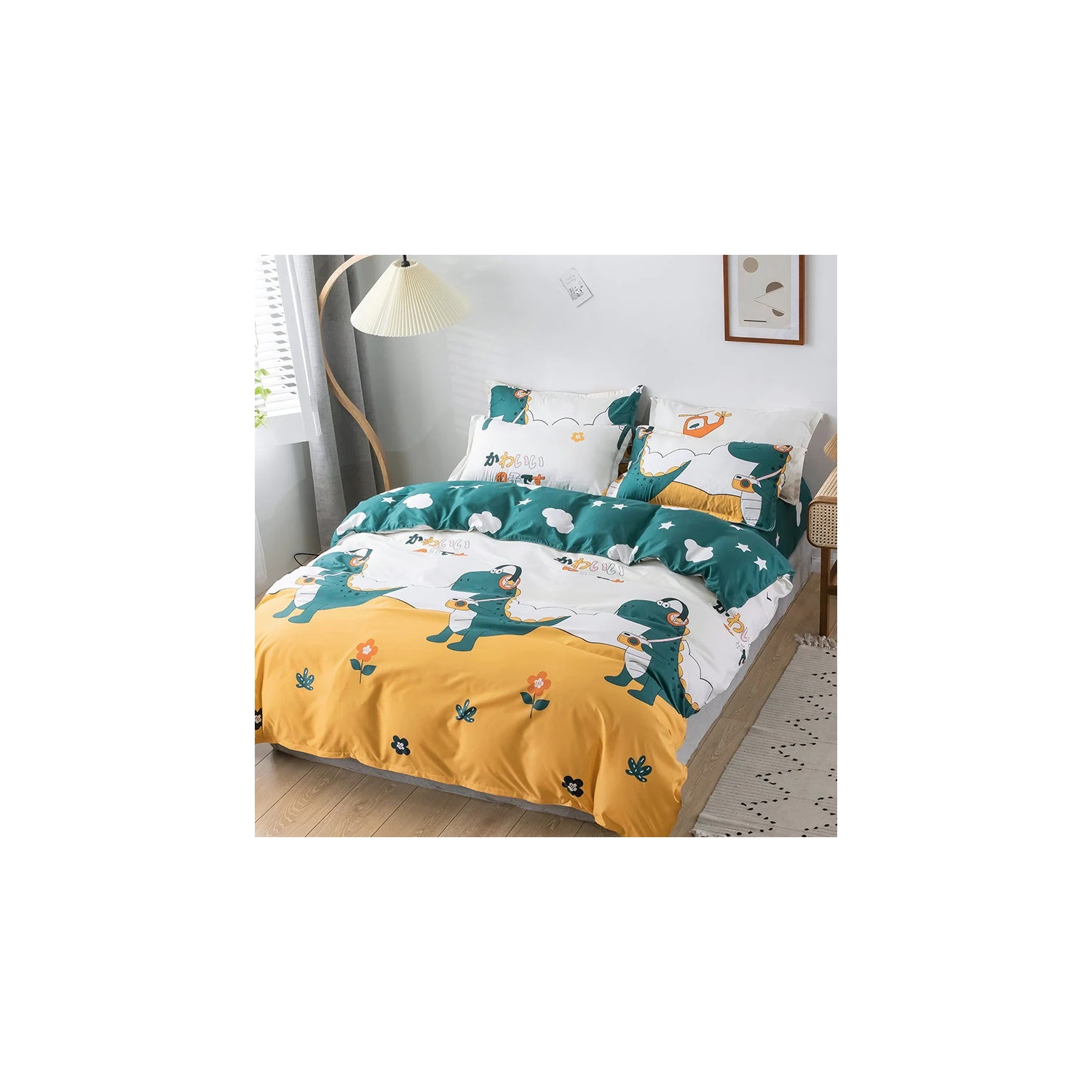 4 Pc Kids Designer Green / Yellow Bedding Set 1 Housse de couette QUEEN Bedding Set avec 1 drap de lit avec 2 housses de taie d’oreiller [LIVRAISON
