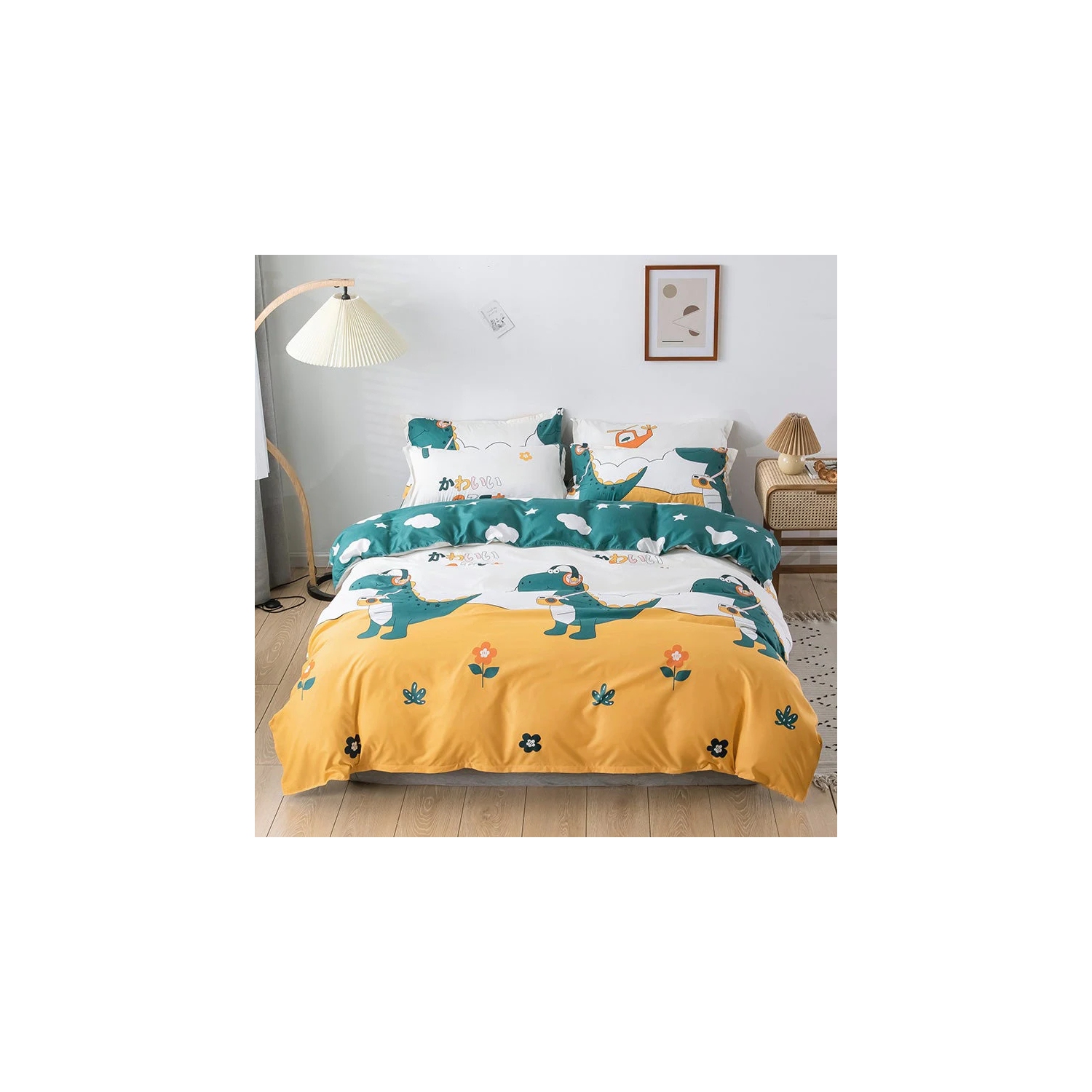 4 Pc Kids Designer Green / Yellow Bedding Set 1 Housse de couette QUEEN Bedding Set avec 1 drap de lit avec 2 housses de taie d’oreiller [LIVRAISON