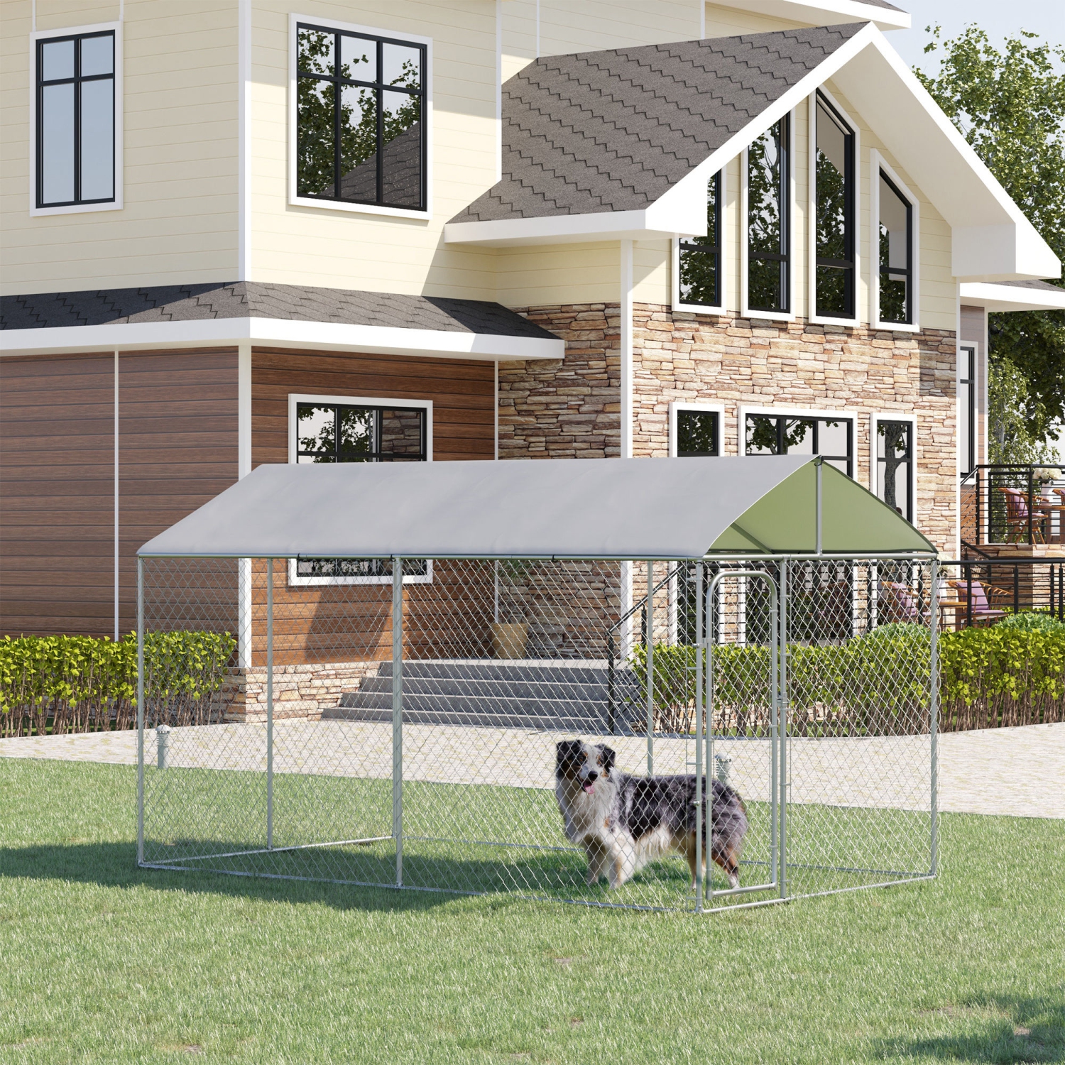 PawHut Dog Kennel Outdoor Run Fence with Roof, Steel Lock, Mesh Sidewalls for Backyard & Patio, 13.1' x 7.5' x 7.5'