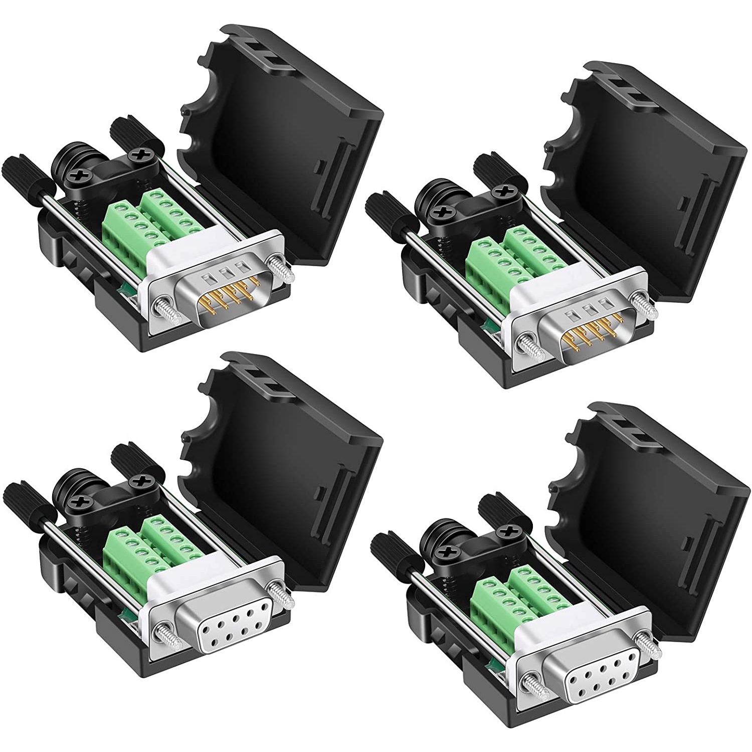 D DB9 Solderless Connector (2Male+2Female), DB9 Breakout Connector RS232 D-SUB Serial to 9pin Port Terminal with Case