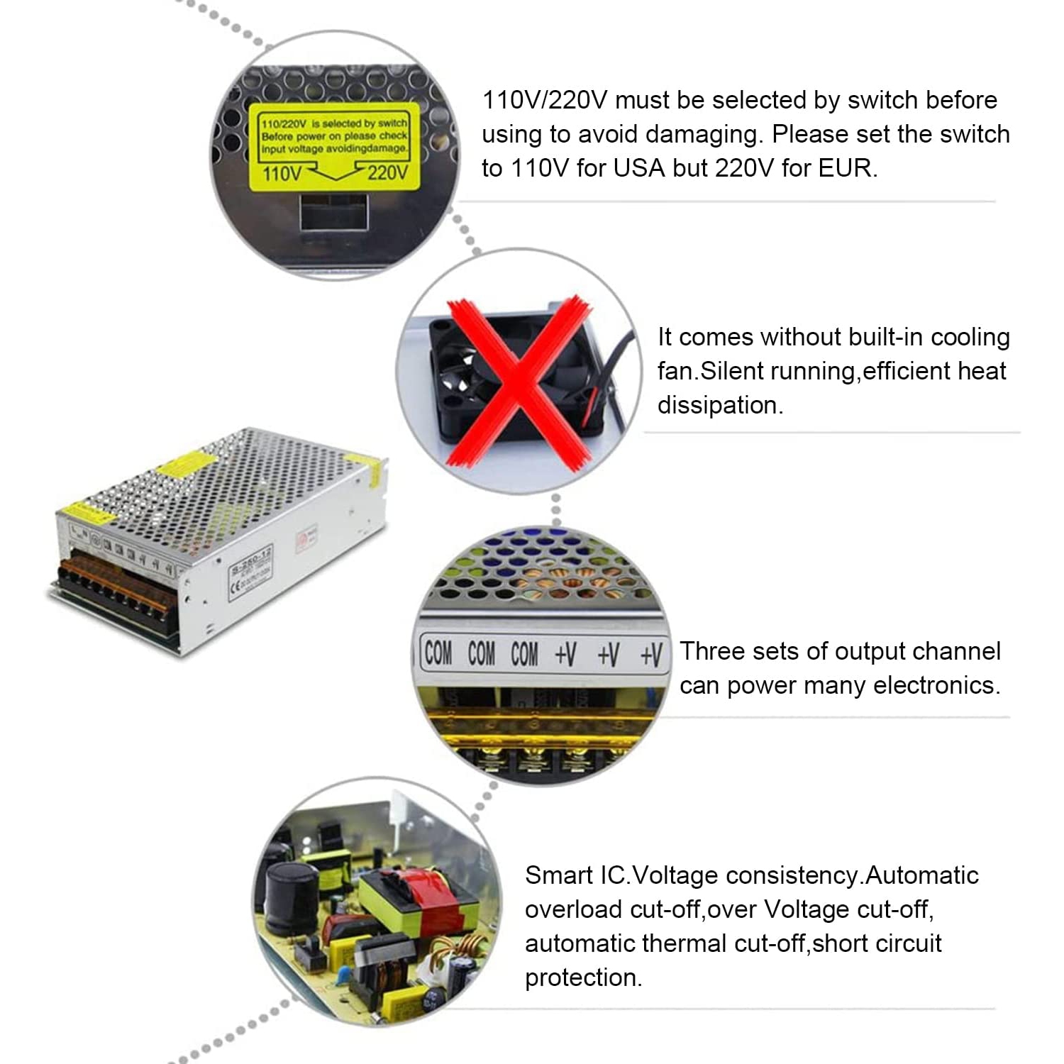 A DC 12V 20A 240W Power Supply Transformer Switch AC 110V/220V to DC 12V 20amp Switching Adapter Converter Driver for LED Strip Light CCTV Camera