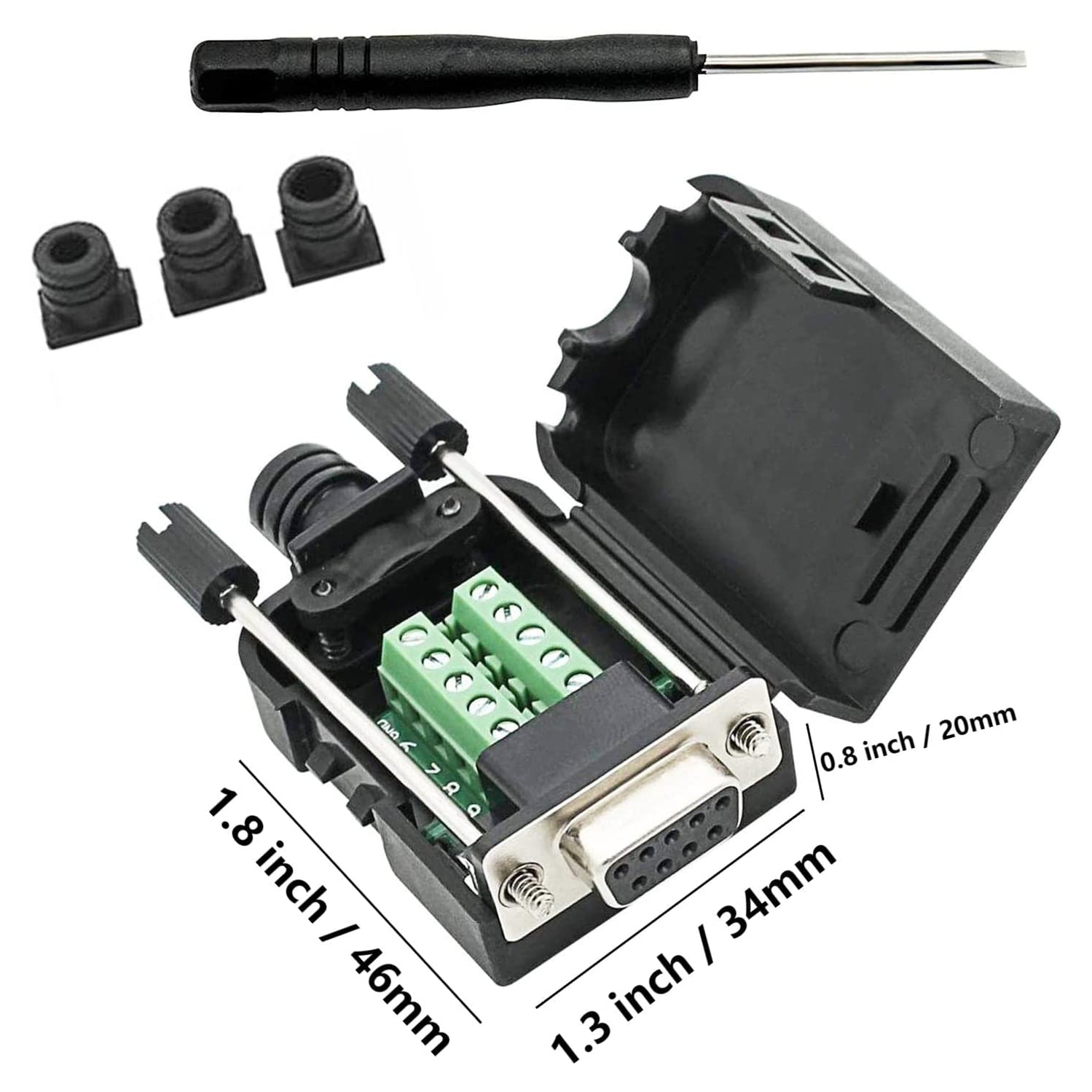 S DB9 Breakout Connector to Wiring Solderless Terminal RS232 D-SUB Female Serial Adapter 9pin Port Breakout Board Black Rubber Core with