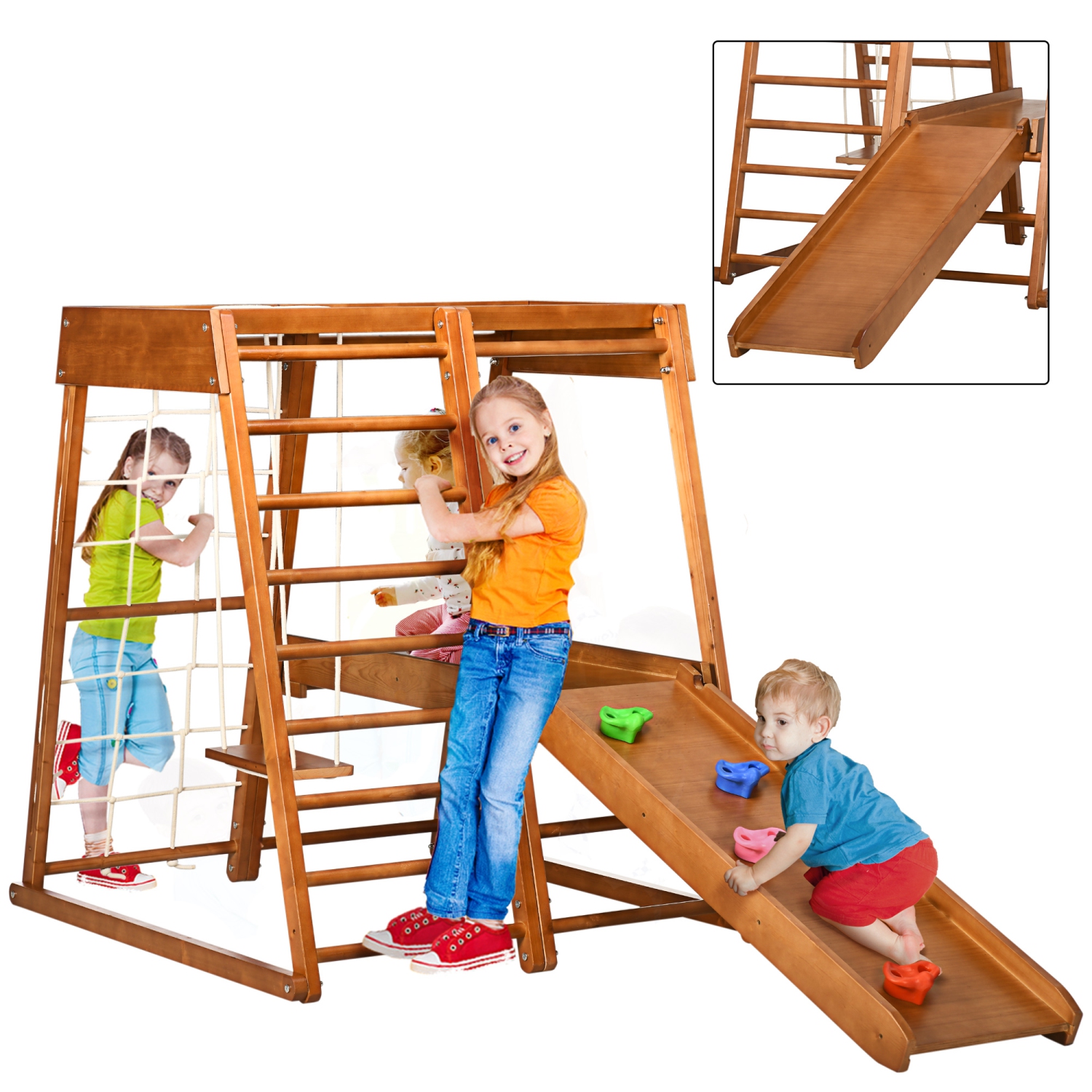 Qaba 6-in-1 Kids Indoor Playground Jungle Gym with Slide, Climbing Wall, Rope Climber, Monkey Bars, Swing, Ladder, Toddler Climbing Toys for 3-10 Years Old