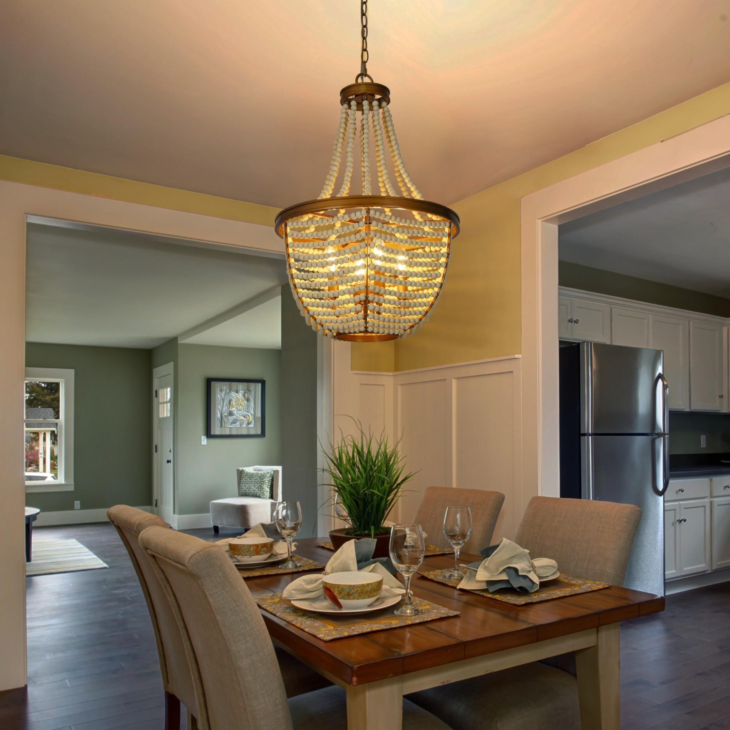 Antique Gold Bedroom Chandelier Light, 4-Light Drum Dining Room Island Chandelier with White Wood Beads