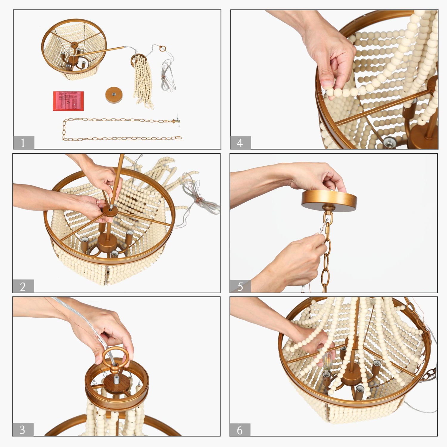 Antique Gold Bedroom Chandelier Light, 4-Light Drum Dining Room Island Chandelier with White Wood Beads