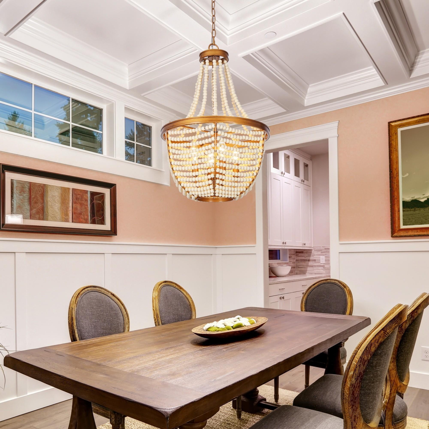 Antique Gold Bedroom Chandelier Light, 4-Light Drum Dining Room Island Chandelier with White Wood Beads