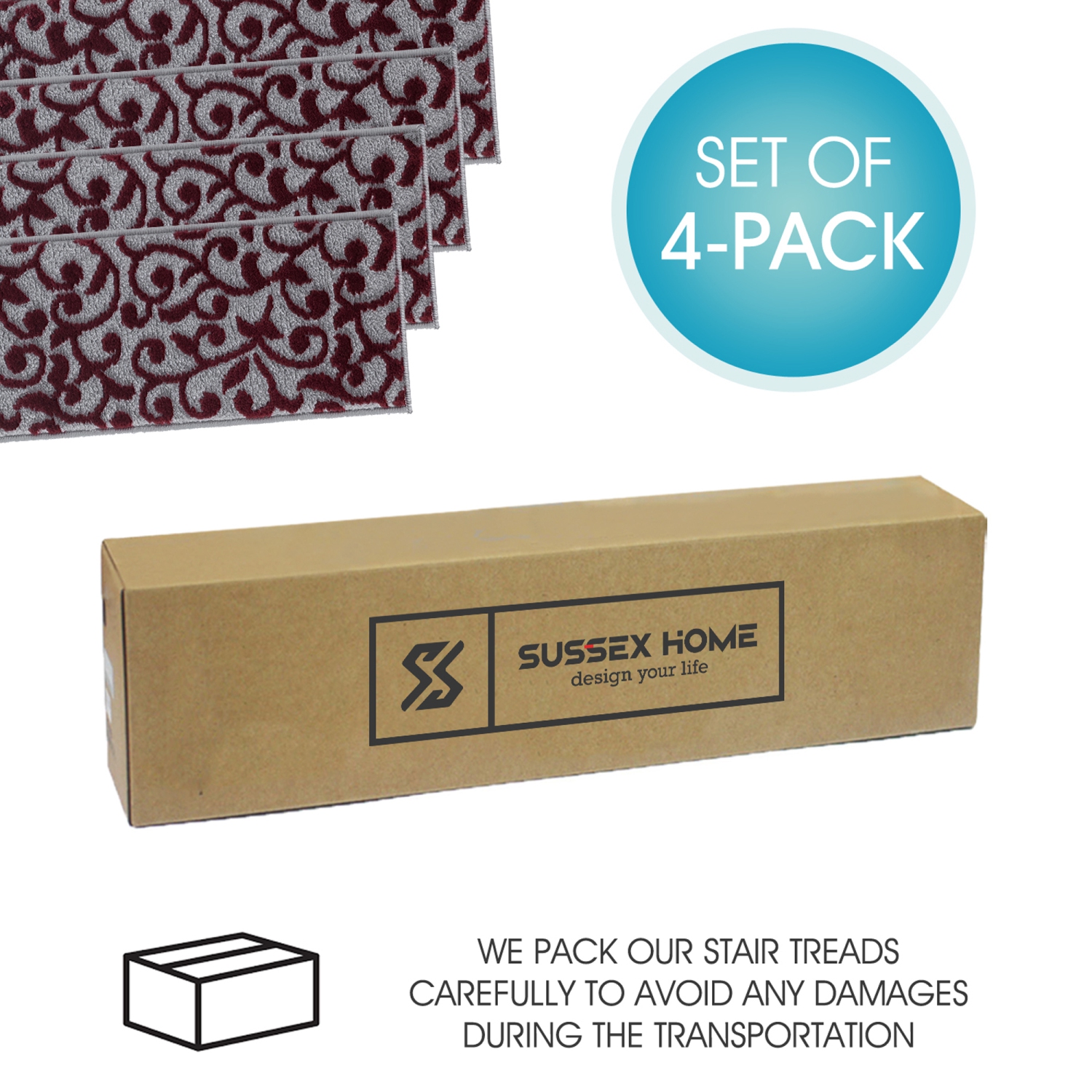 SussexHome Stair Treads - Carpet Strips for Indoor Stairs - Easy to Install with Double Adhesive Tape - Safe, 9" X 28" - 4-Pack - Red