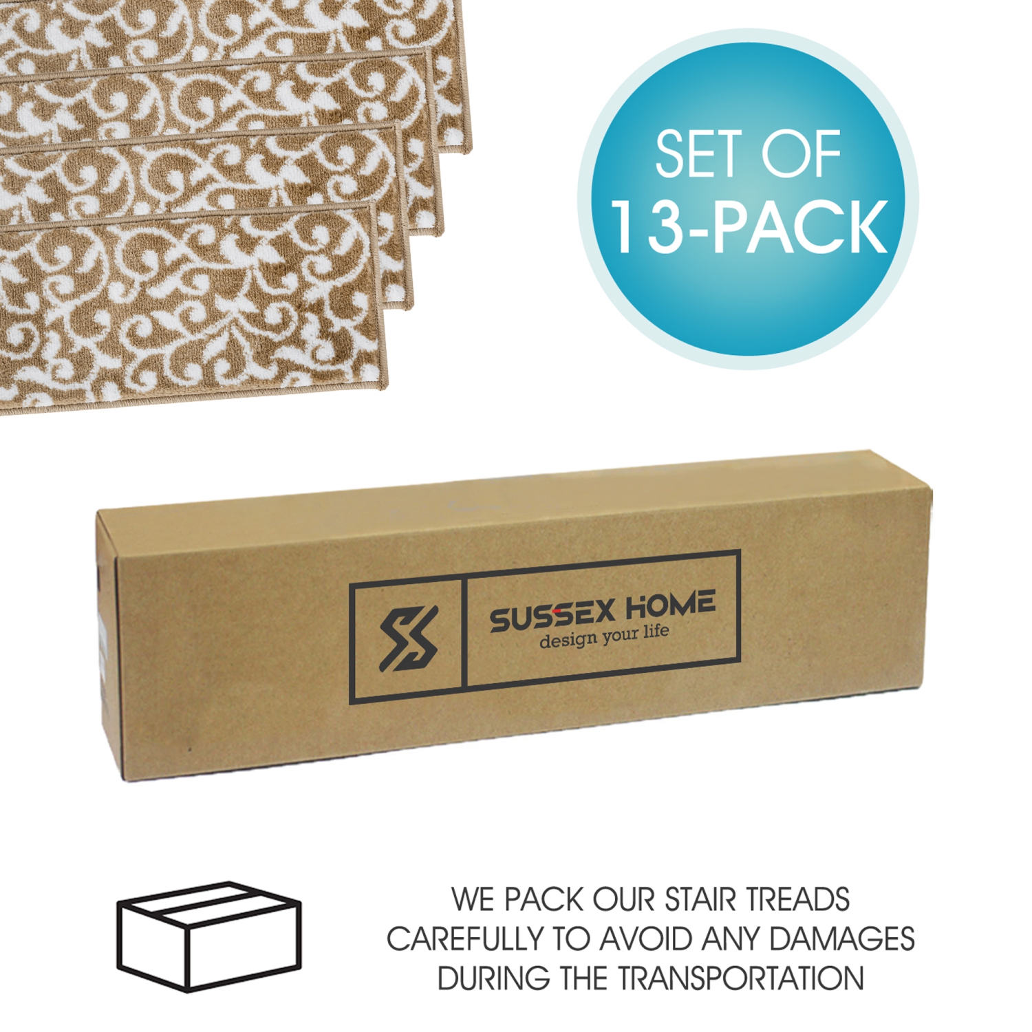 SussexHome Stair Treads - Carpet Strips for Indoor Stairs - Easy to Install with Double Adhesive Tape - Safe, 9" X 28" - 13-Pack - Beige